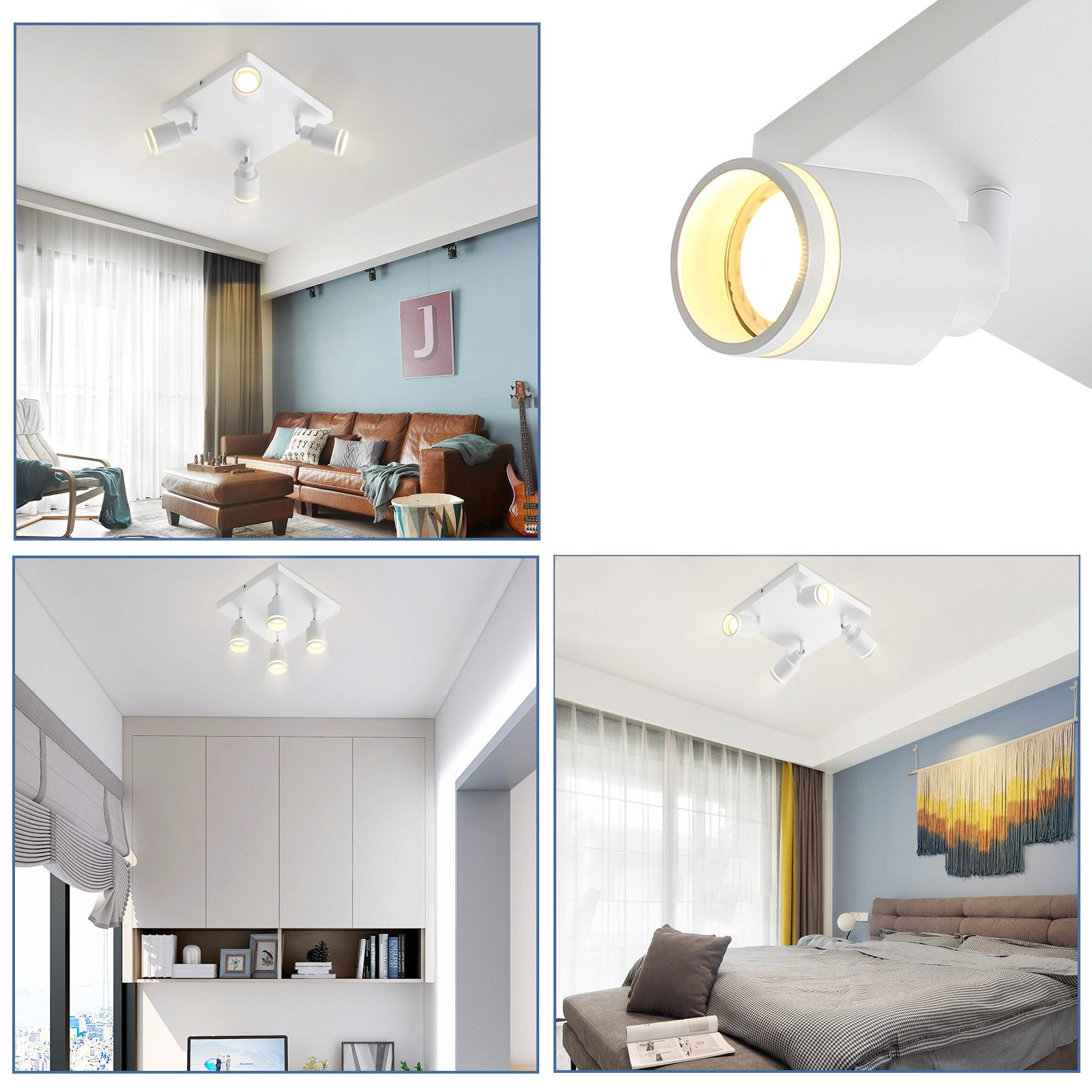 Luci a soffitto in vari ambienti. Apparecchi bianchi con più faretti. Un inserto mostra un singolo faretto.