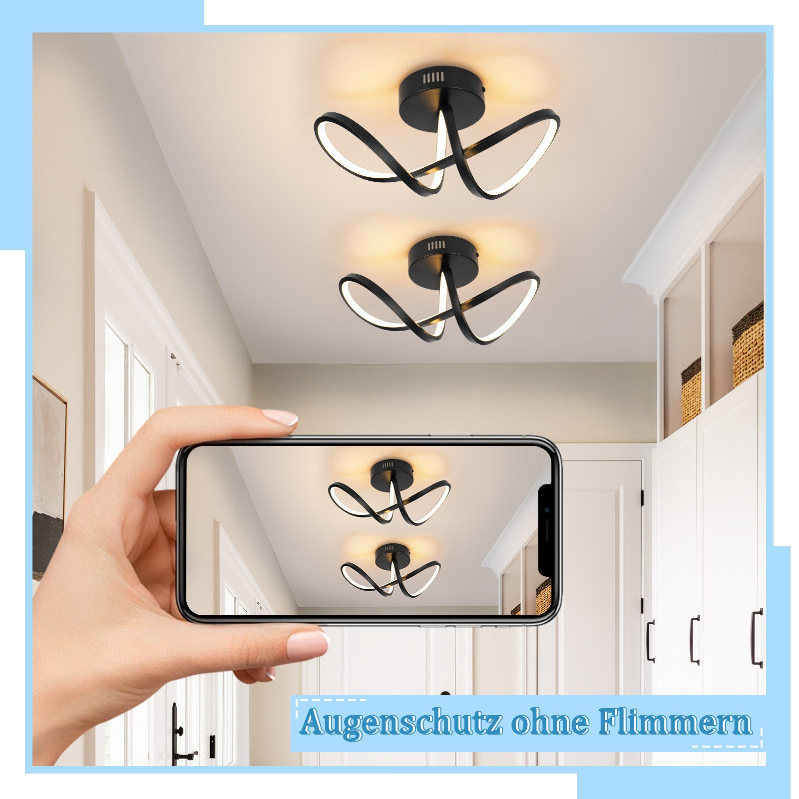 Due lampade da soffitto nere con una mano che tiene un telefono e un corridoio luminoso sullo sfondo.