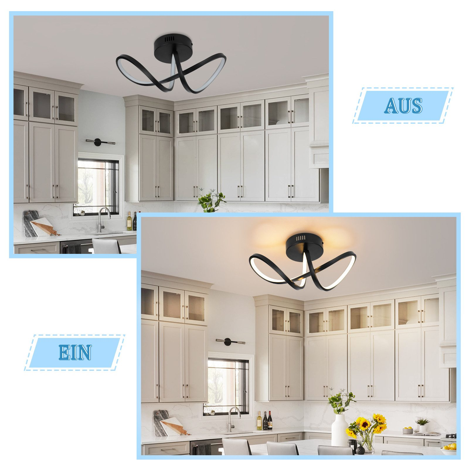 Lampada da soffitto bianca e nera in cucina con armadi. La luce ha un design unico a spirale.