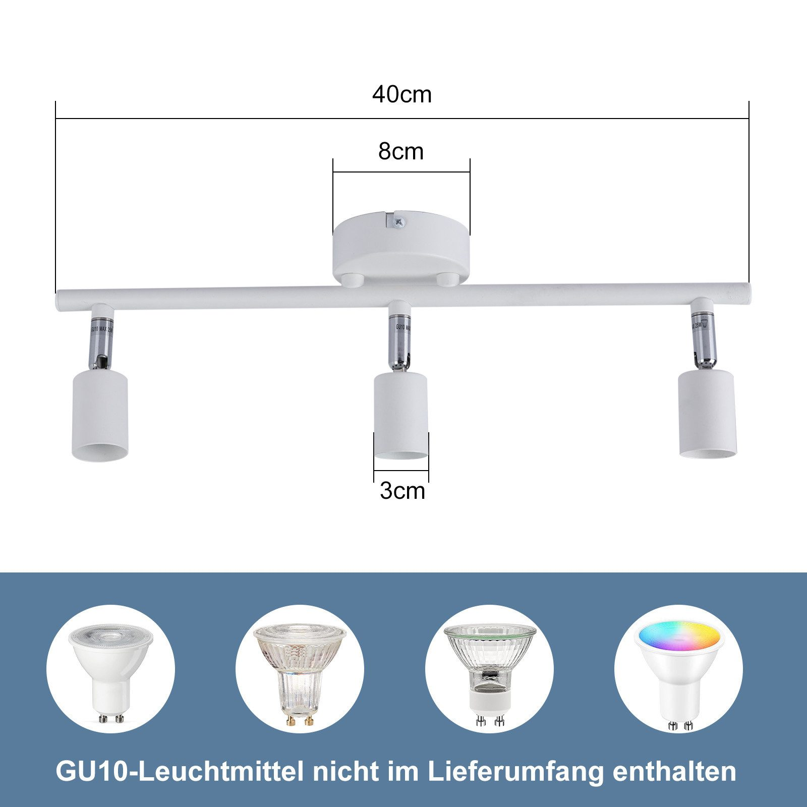 Faretto a binario bianco con tre faretti GU10. Vengono visualizzate anche le misure e i tipi di lampadine.