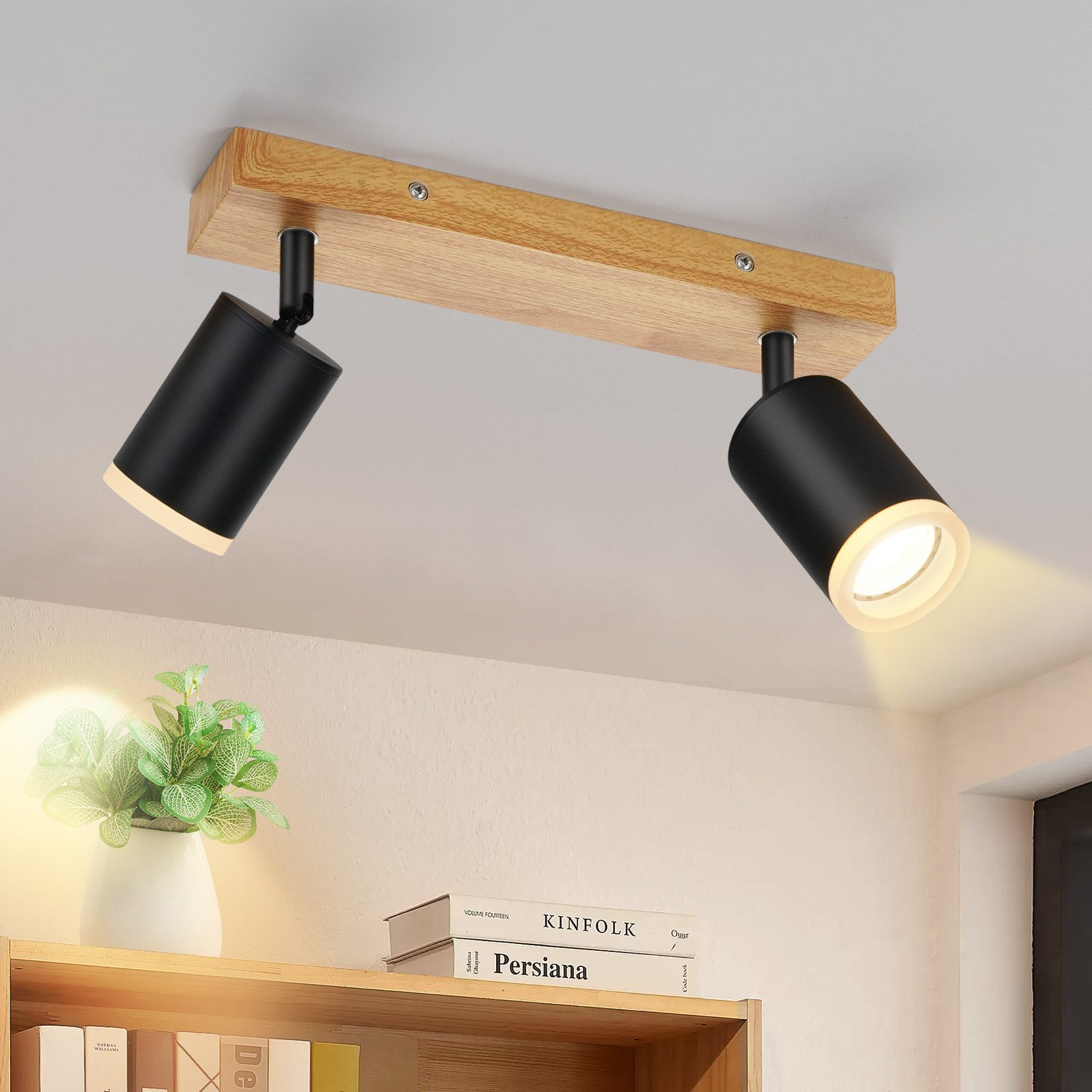 Un lampadario in legno con due faretti neri; una mensola con libri e una pianta sullo sfondo.