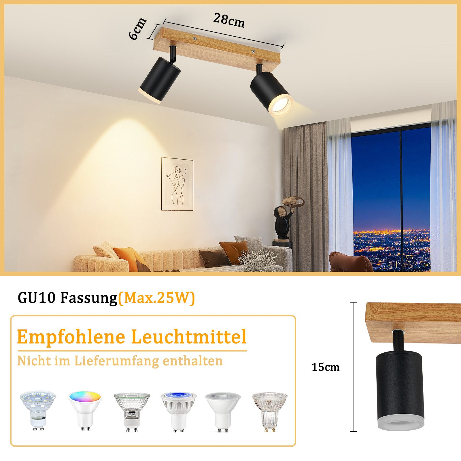 Una lampada da soffitto con trave in legno e due faretti neri. Le dimensioni sono mostrate. Testo in basso.