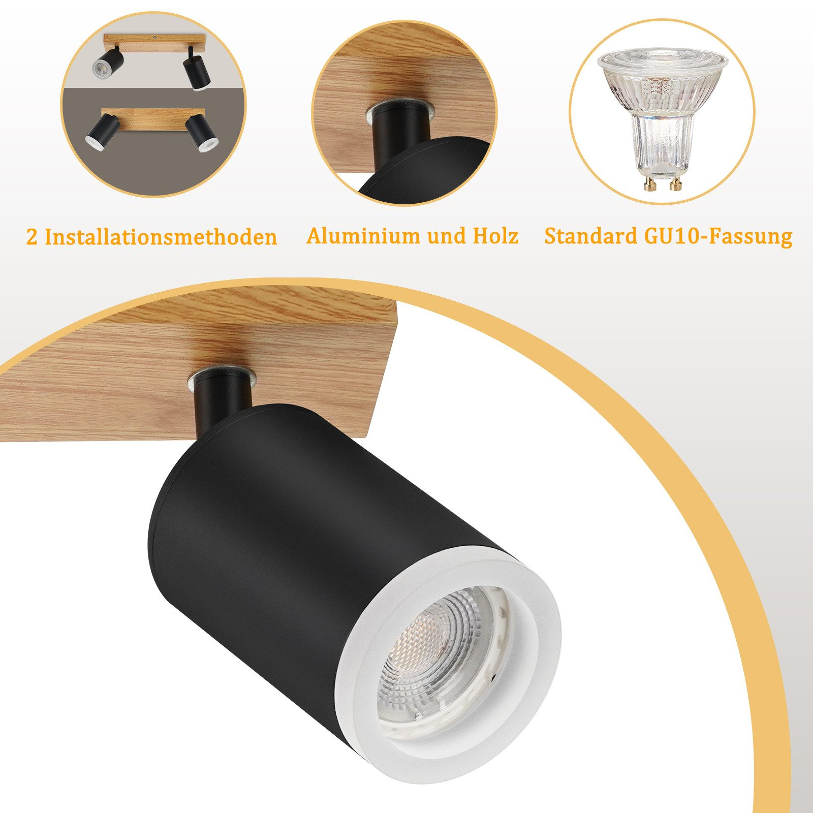 Un faretto da soffitto con base in legno e faretto nero. Vengono mostrate tre immagini del prodotto.