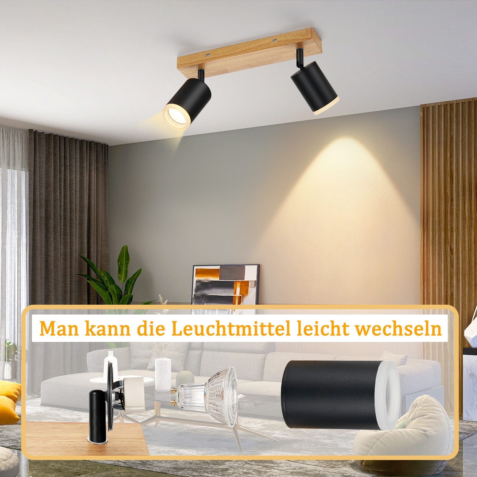 Due faretti neri su una trave di legno. L'immagine mostra quanto sia facile cambiare le lampadine.