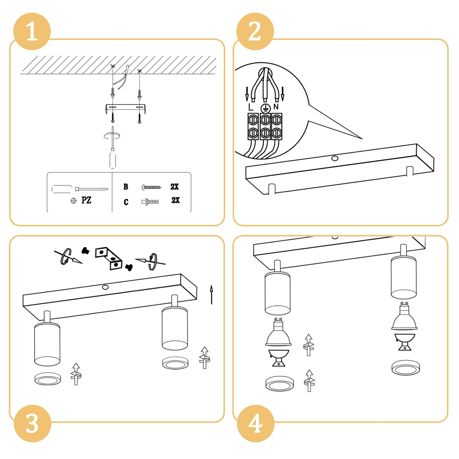 Quattro passaggi di una guida all'installazione della luce a soffitto, che mostra i componenti e le istruzioni di montaggio.