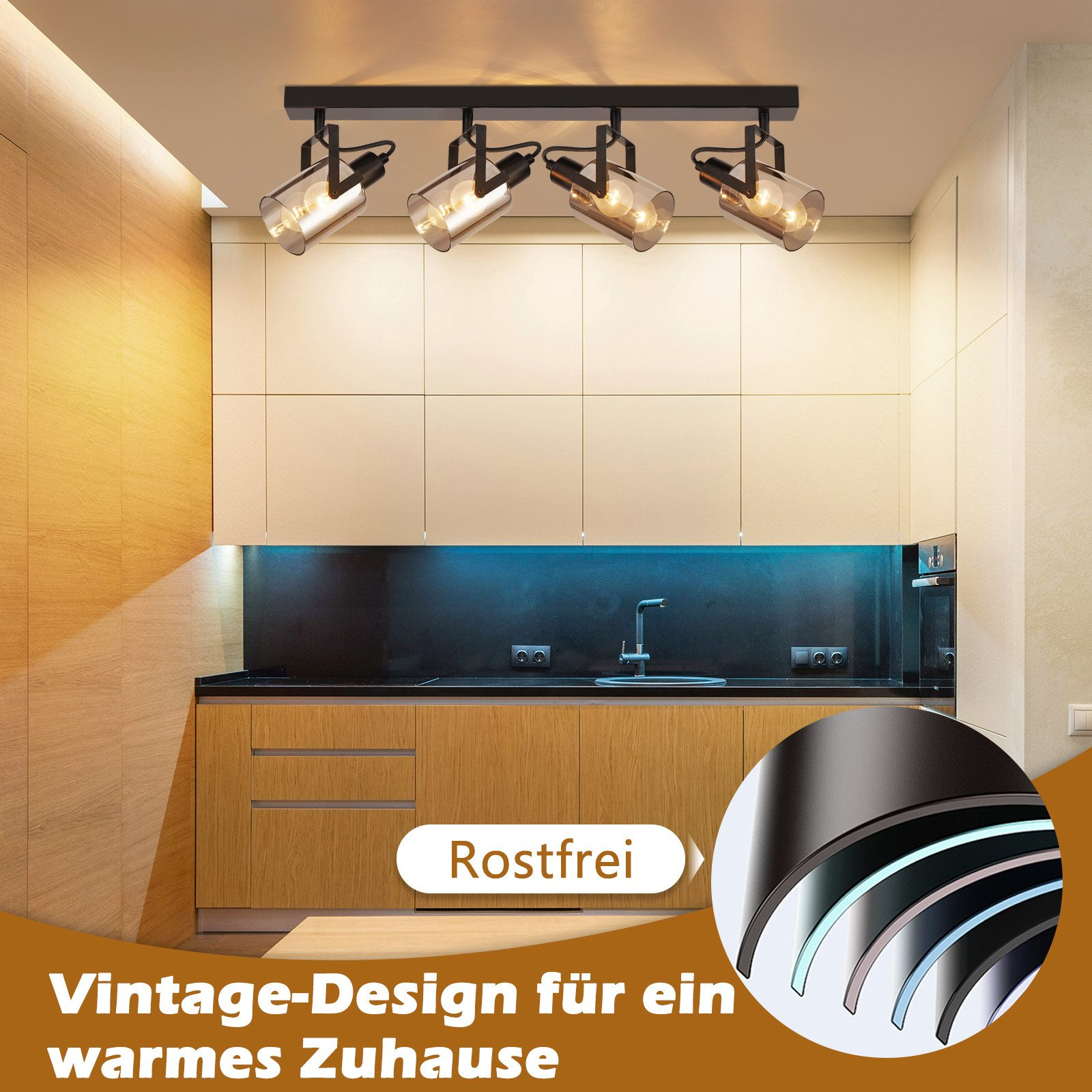 Una cucina con design vintage. L'apparecchio di illuminazione ha quattro luci con paralumi in vetro.