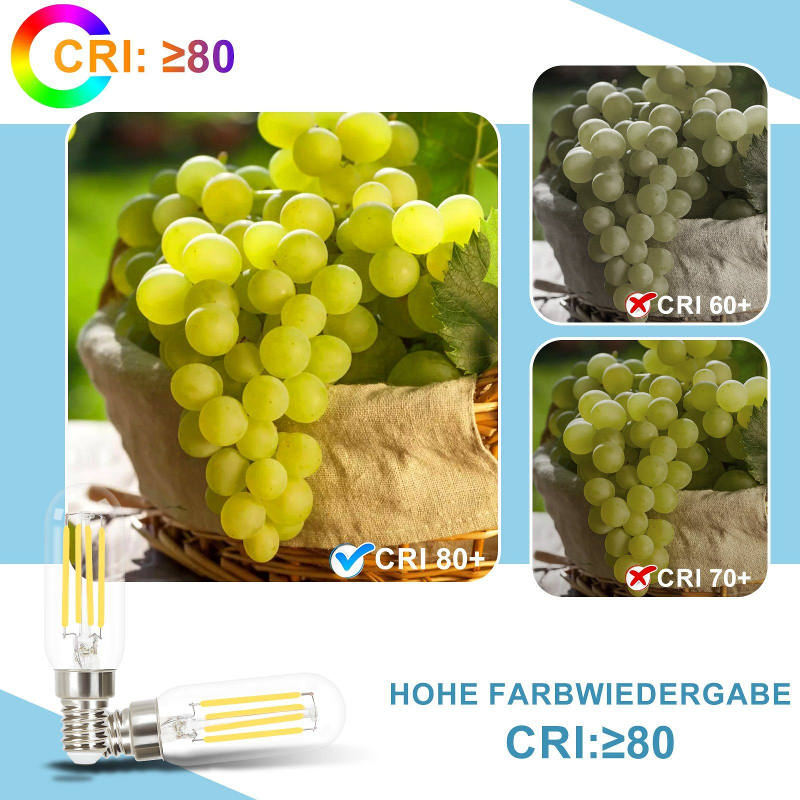 Kiście zielonych winogron w koszu z informacją CRI. Lampy na dole.