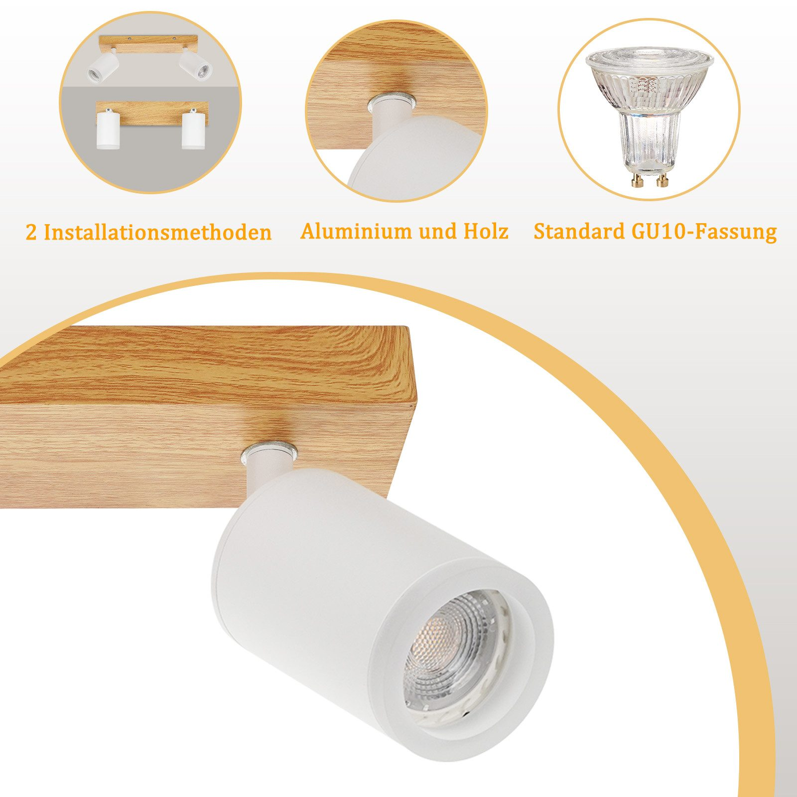 Un apparecchio a faretto con base in legno e luce bianca, con dettagli ed esempi aggiuntivi.