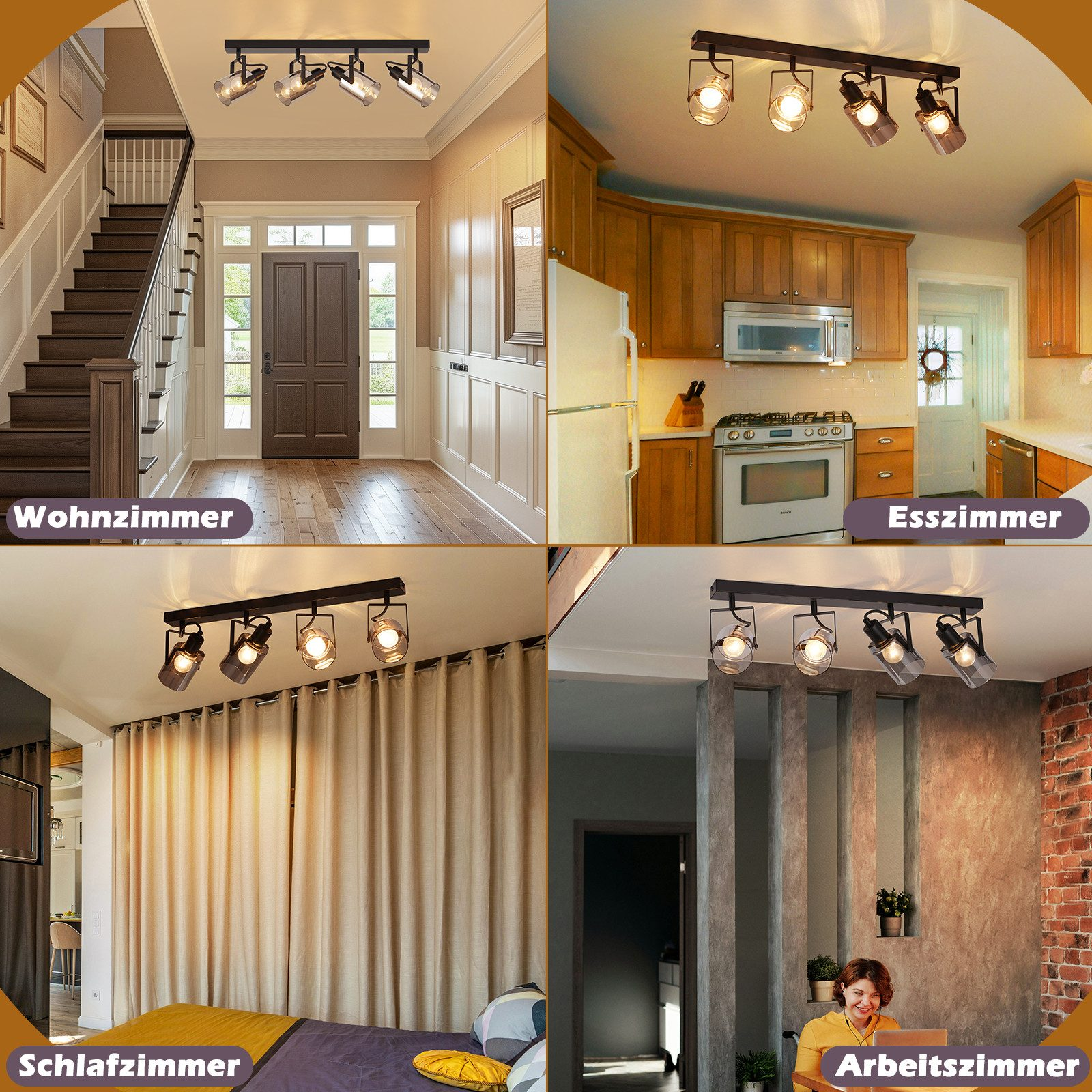 Cztery zdjęcia prezentujące reflektory sufitowe w otoczeniu domowym: salon, kuchnia, sypialnia i biuro domowe.