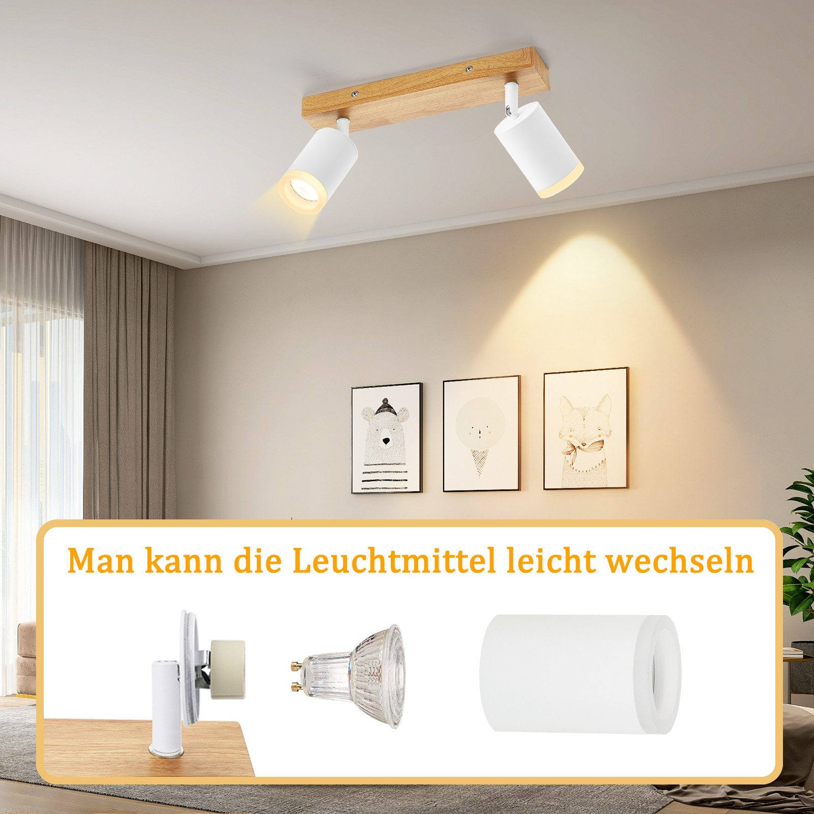 Lampada da soffitto con due faretti bianchi regolabili su base in legno, tre stampe artistiche di orsi incorniciate sotto.