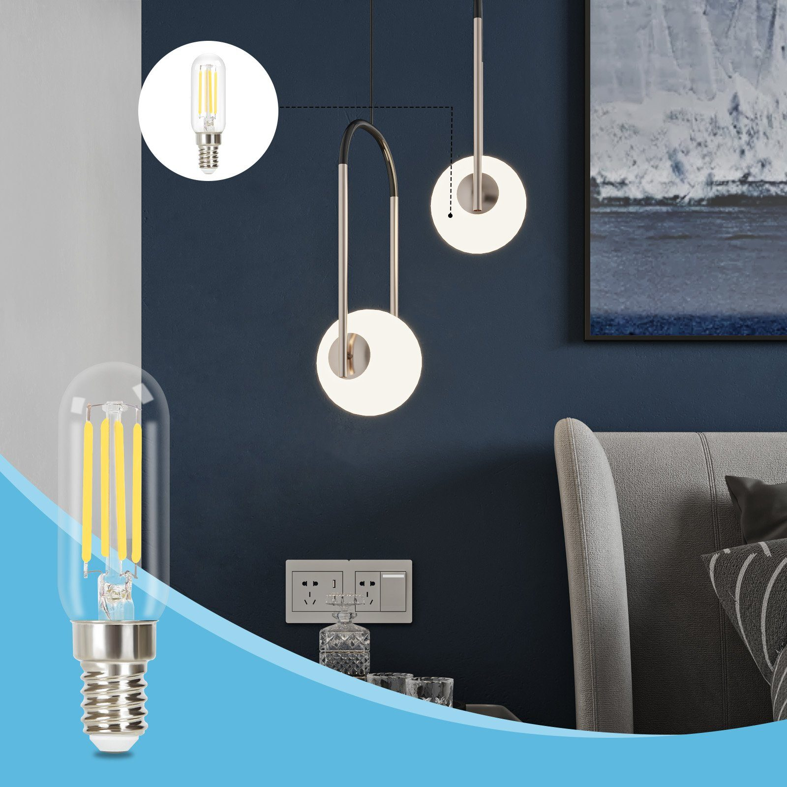 Żarówka i nowoczesne lampy wiszące na tle ciemnoniebieskiej ściany.