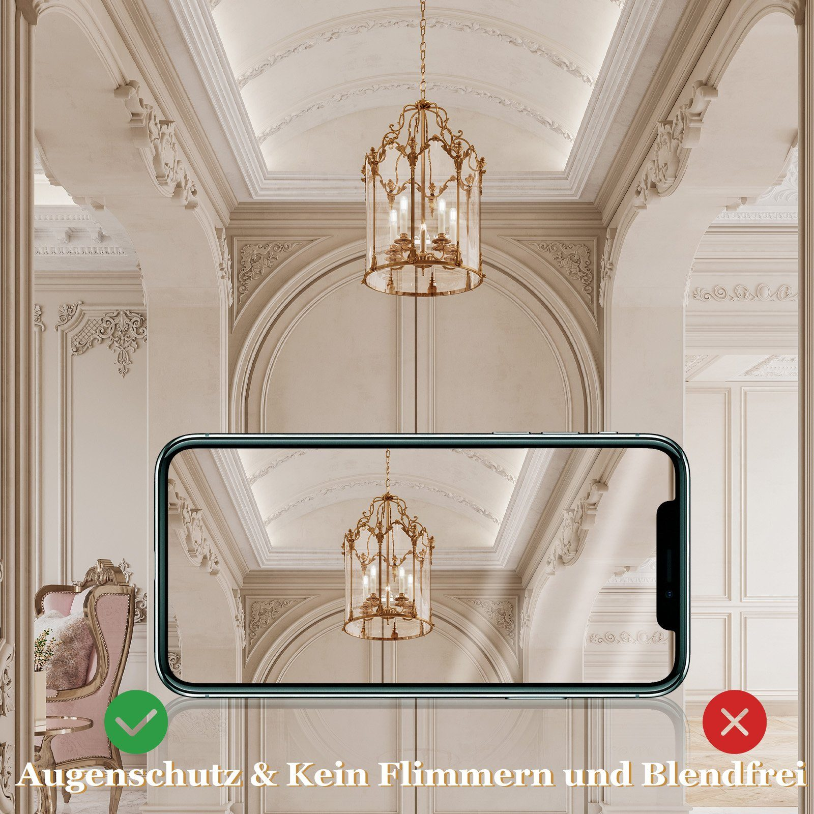 Scena sypialni z łóżkiem, lampą i zasłonami.