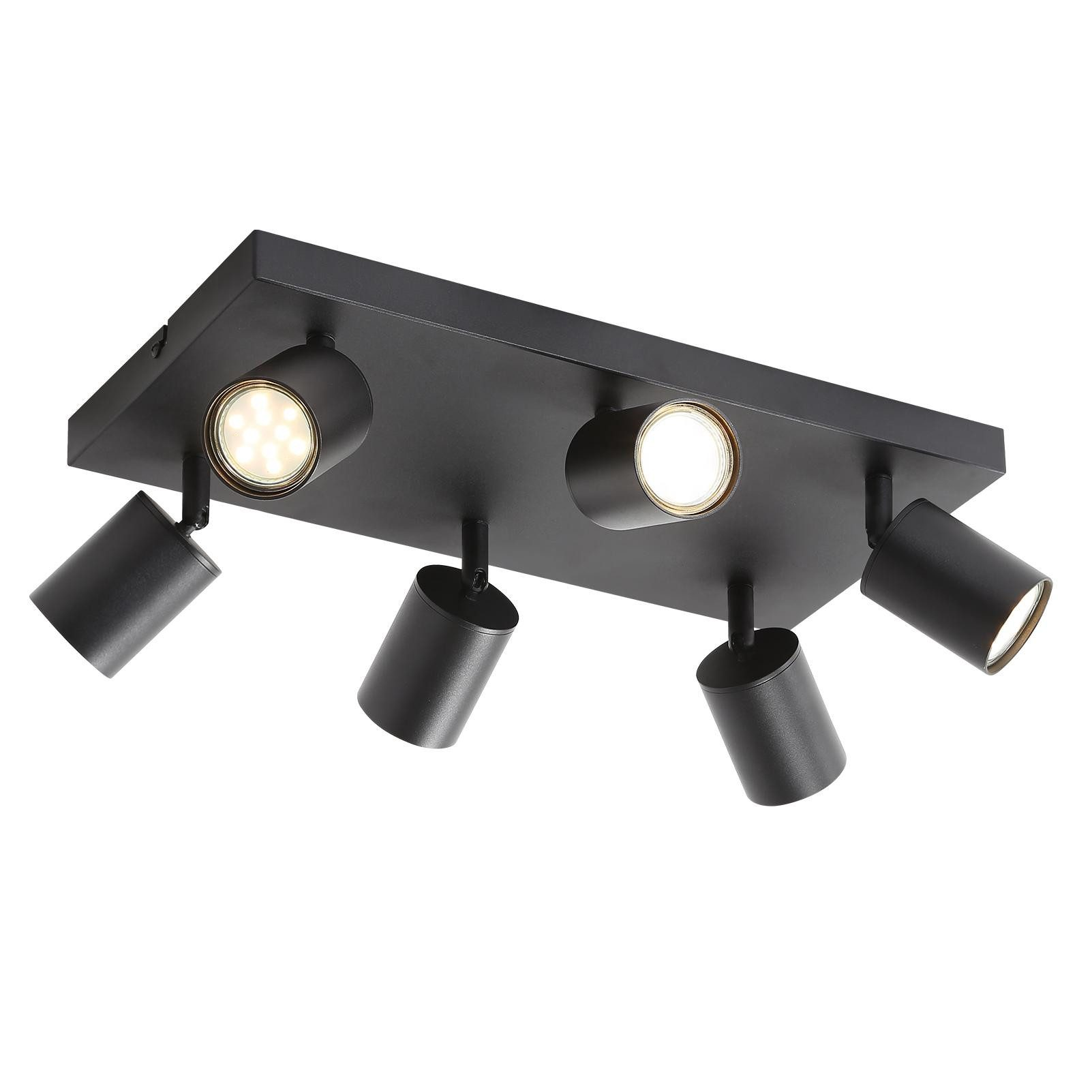 Lampada da soffitto nera con quattro faretti. I faretti sono angolati.