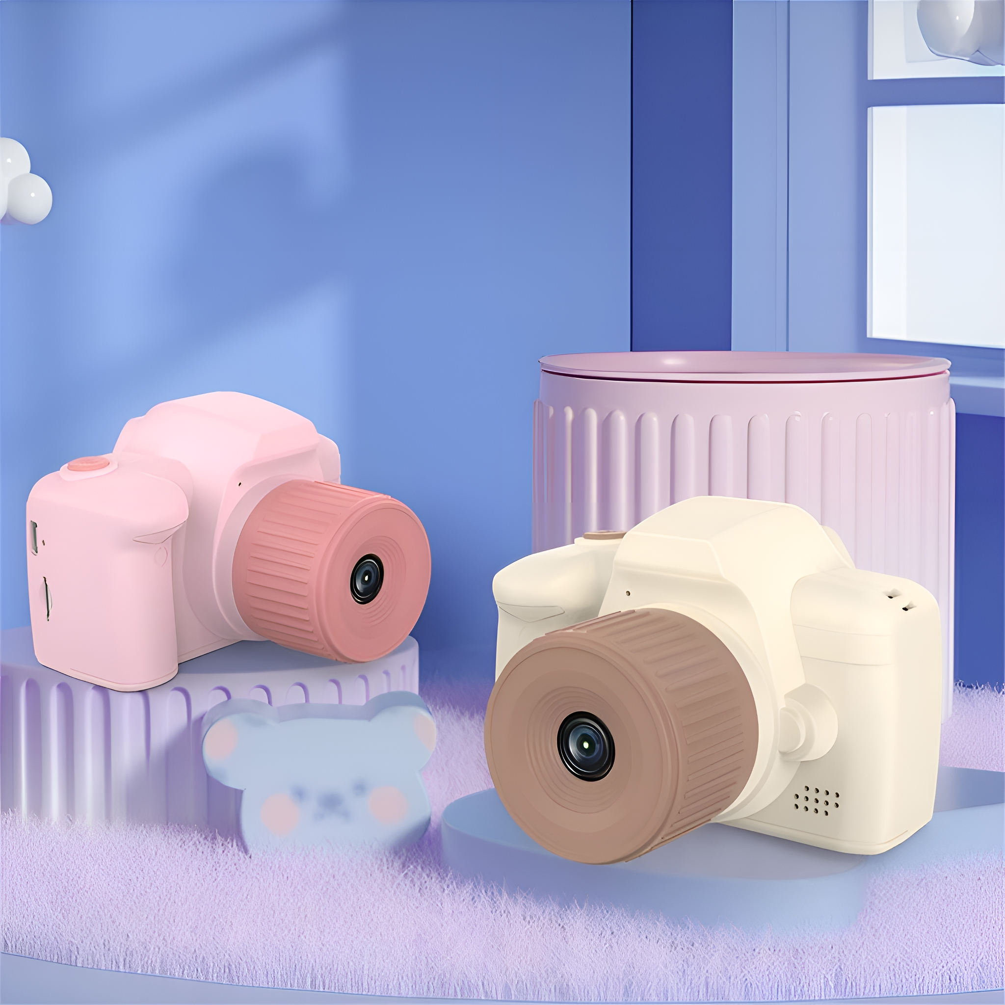 Zwei Spielzeugkameras, rosa und weiß, auf einer flauschigen Oberfläche.