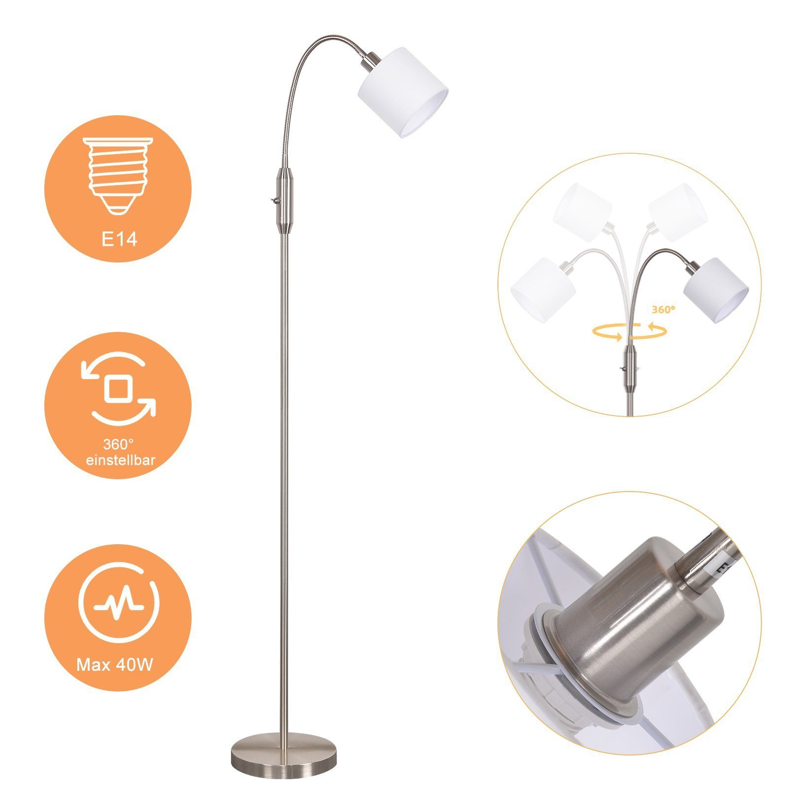 Silberne Stehlampe mit weißem Schirm. Enthält Symbole für Verstellbarkeit und Wattzahl.