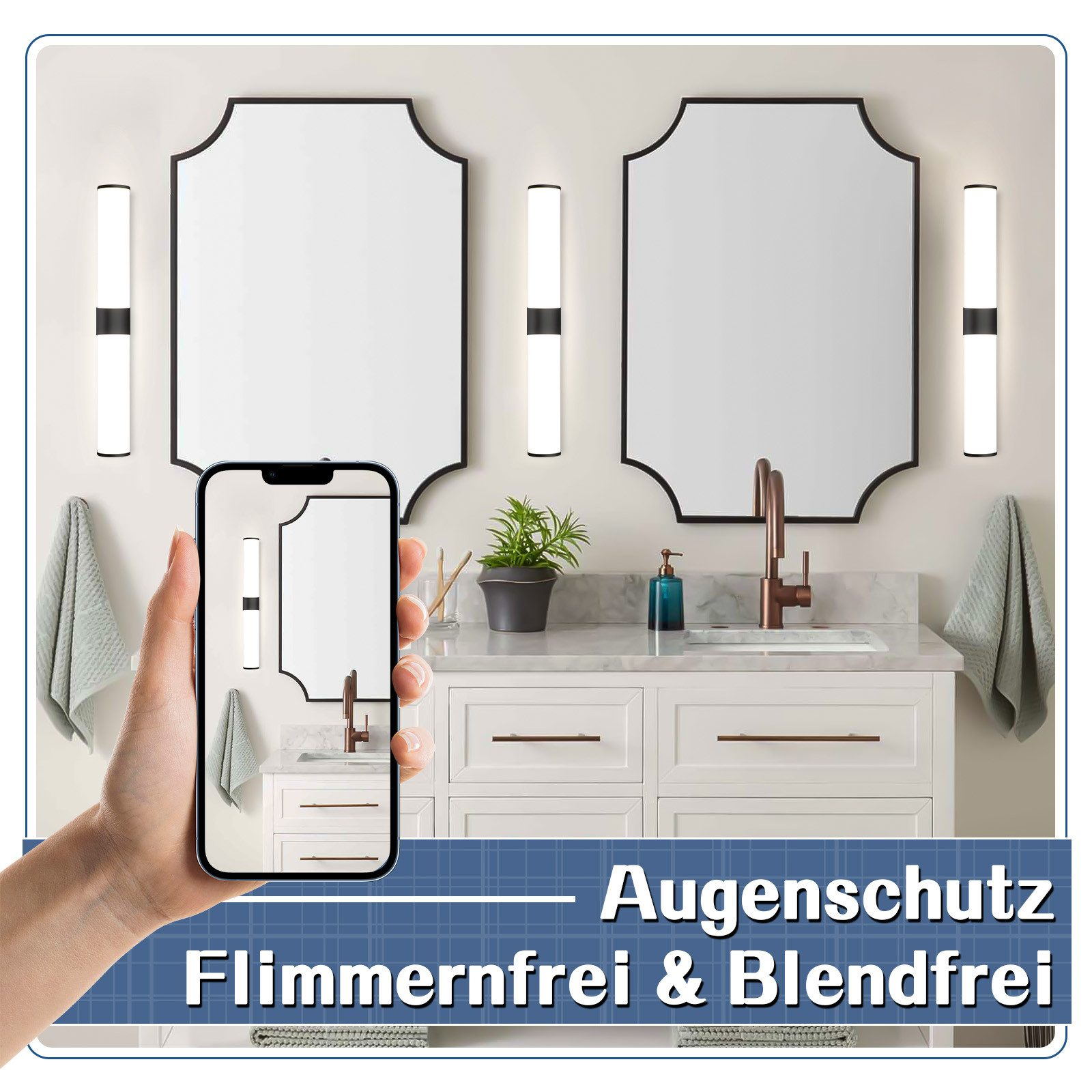 Scena del bagno con specchi e luci. Un telefono mostra la stessa scena con testo.