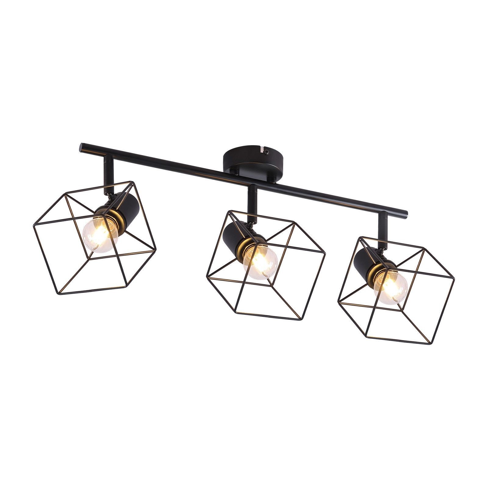 Un apparecchio di illuminazione a soffitto nero con tre luci geometriche a gabbia.
