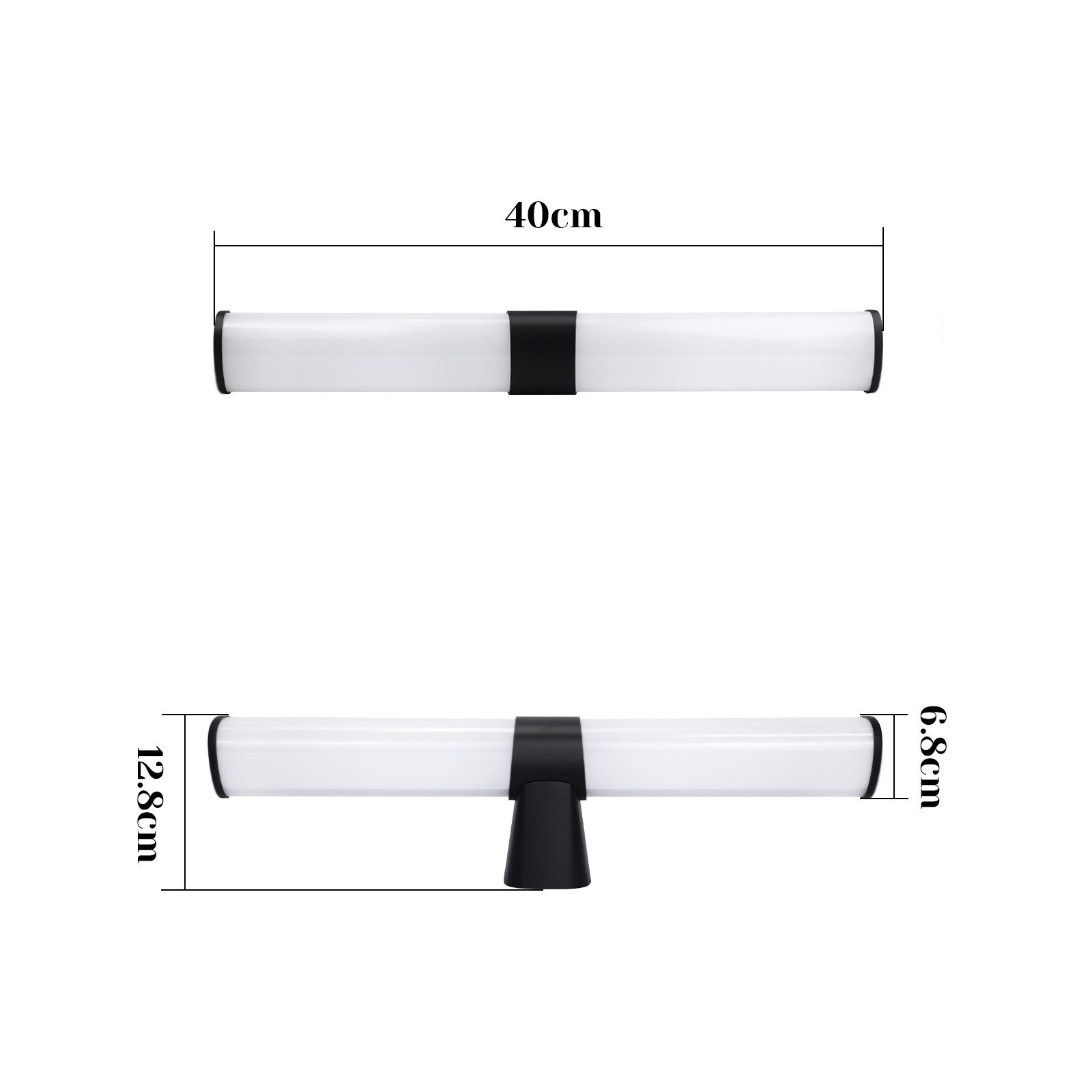 Lampada LED bianca, 40 cm di lunghezza, con parte centrale nera. Misure etichettate.