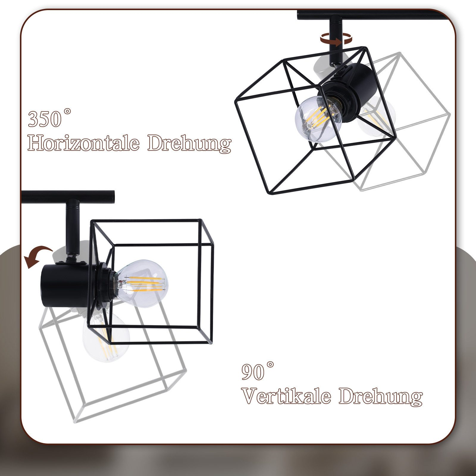 Due luci a cubo nere con lampadine, su sfondo bianco. Il testo indica rotazione di 350 e 90 gradi.