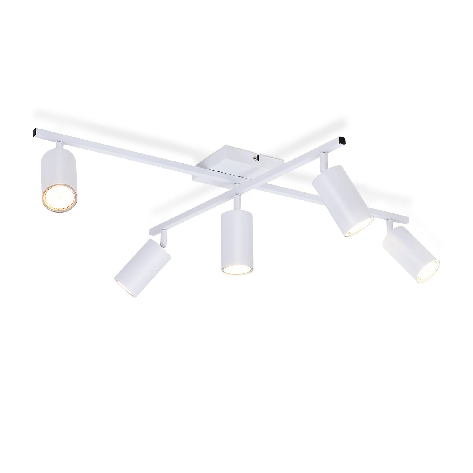 Un faretto da soffitto bianco con cinque luci. Le luci puntano in direzioni diverse.
