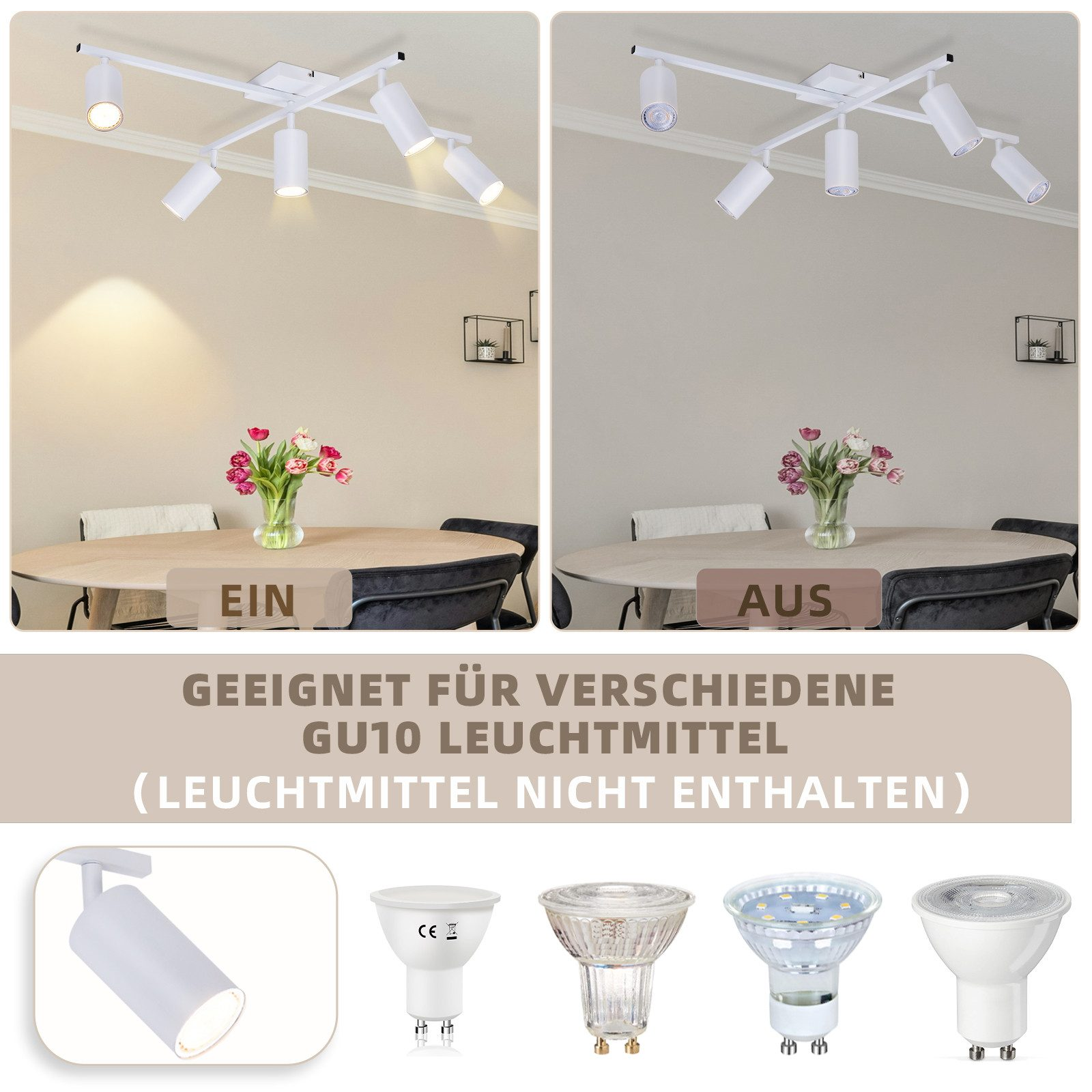 Due immagini che mostrano una luce a binario bianca accesa e spenta. Varie lampadine GU10 sono mostrate di seguito, e testo.