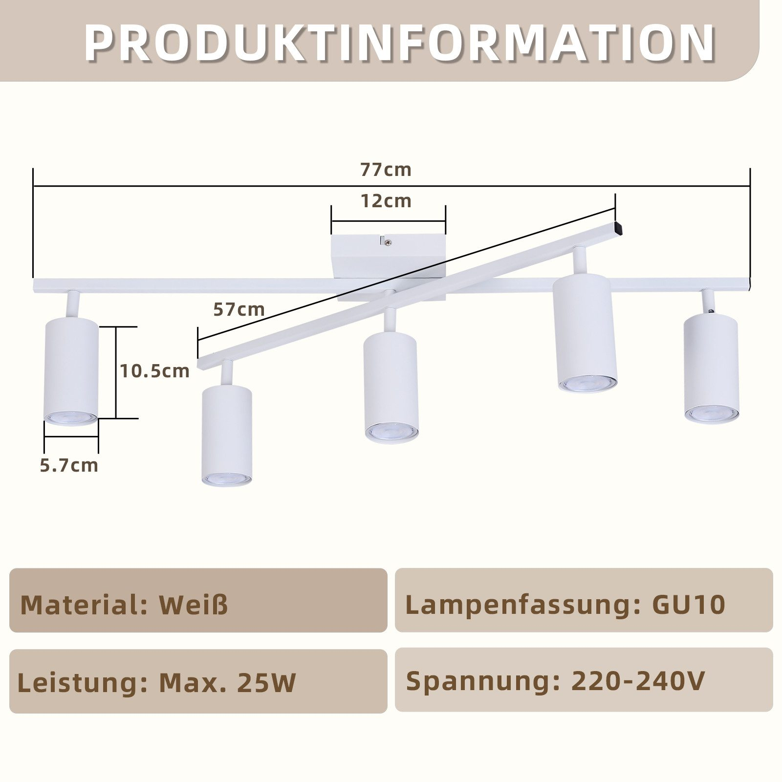 Lampada da soffitto bianca con 4 faretti orientabili. Misure e specifiche etichettate.