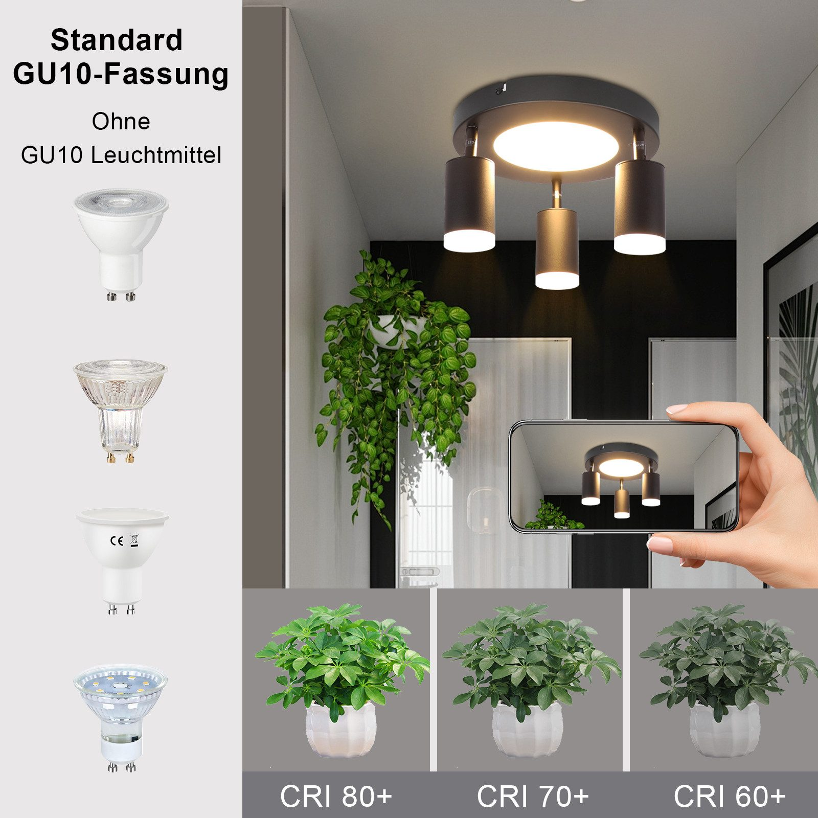 Varie lampade GU10 con un apparecchio a soffitto e piante con diversi CRI.