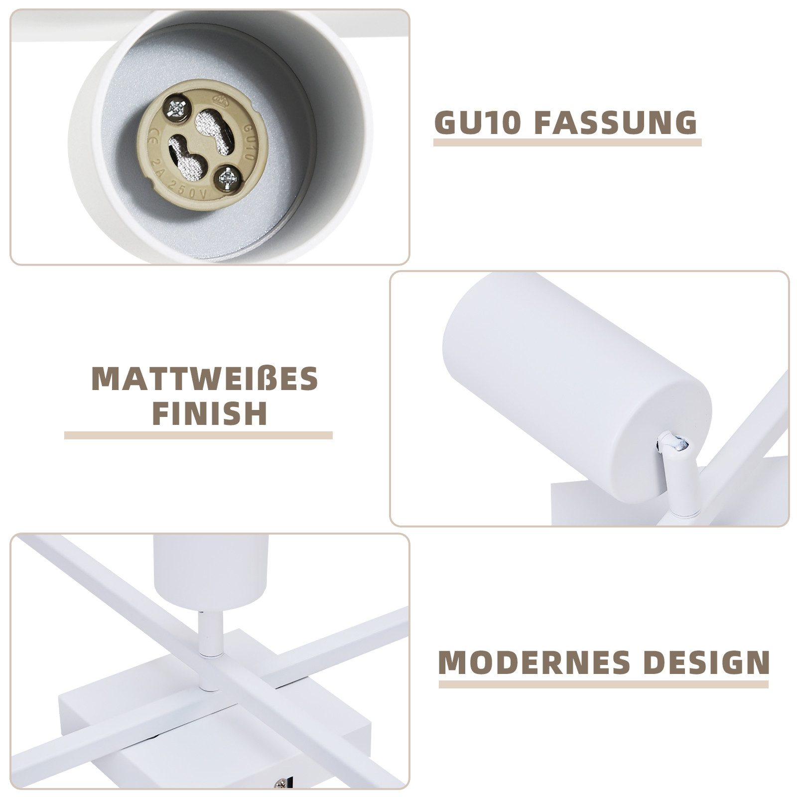 Lampada da soffitto bianca moderna con quattro faretti, dettagli includono attacco GU10 e finitura opaca.