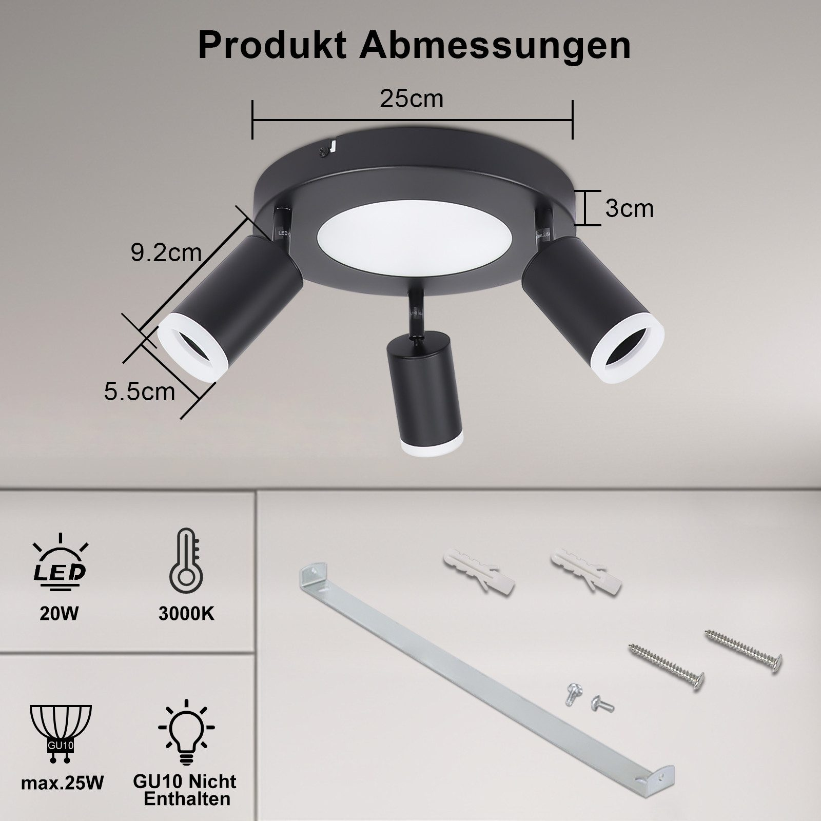 Lampada da soffitto nera con tre faretti orientabili, dimensioni etichettate e hardware di montaggio incluso.