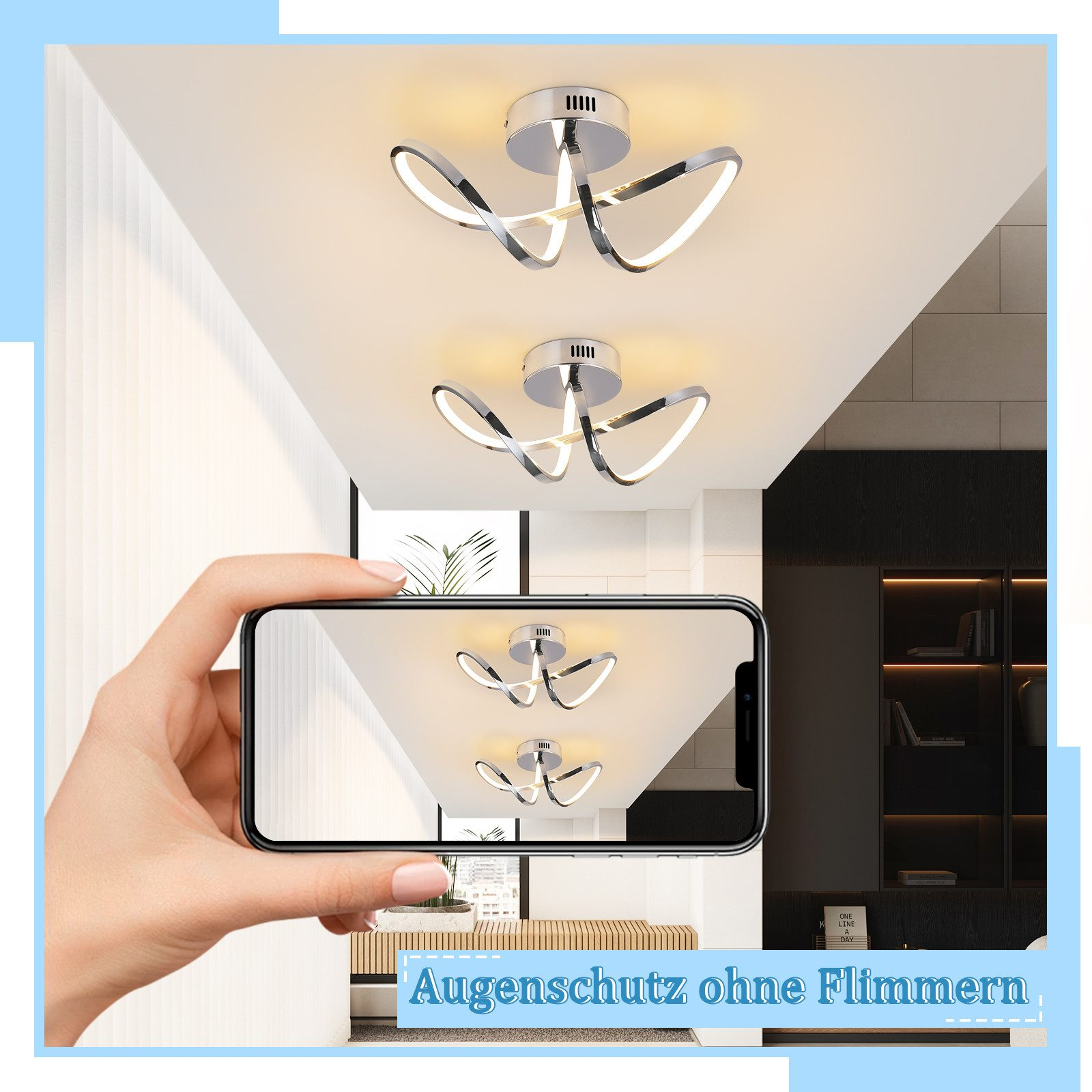 Una mano che tiene un telefono che mostra una lampada da soffitto, con il testo 'Augenschutz ohne Flimmern' sotto.