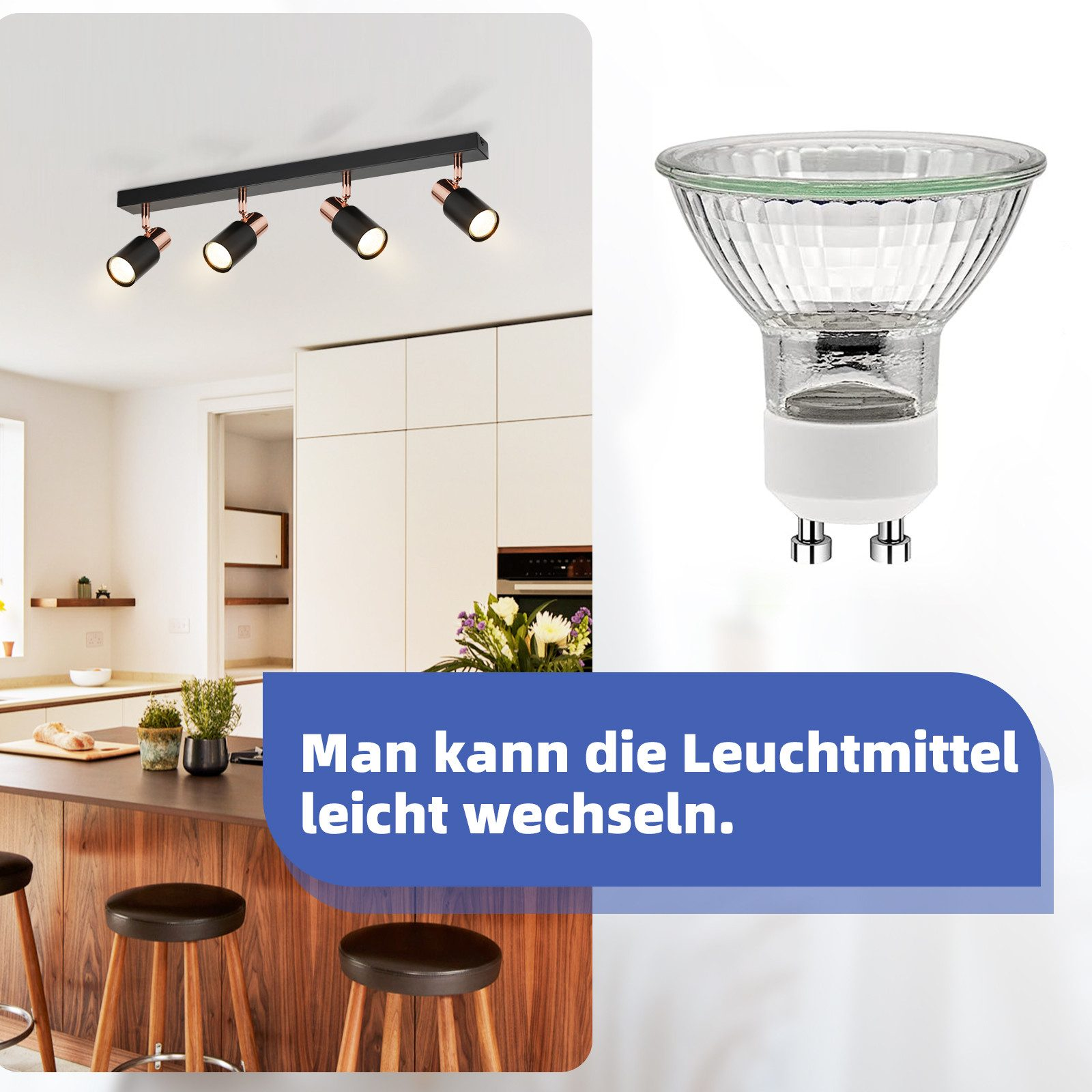 Scena della cucina con faretti e primo piano di una lampadina.