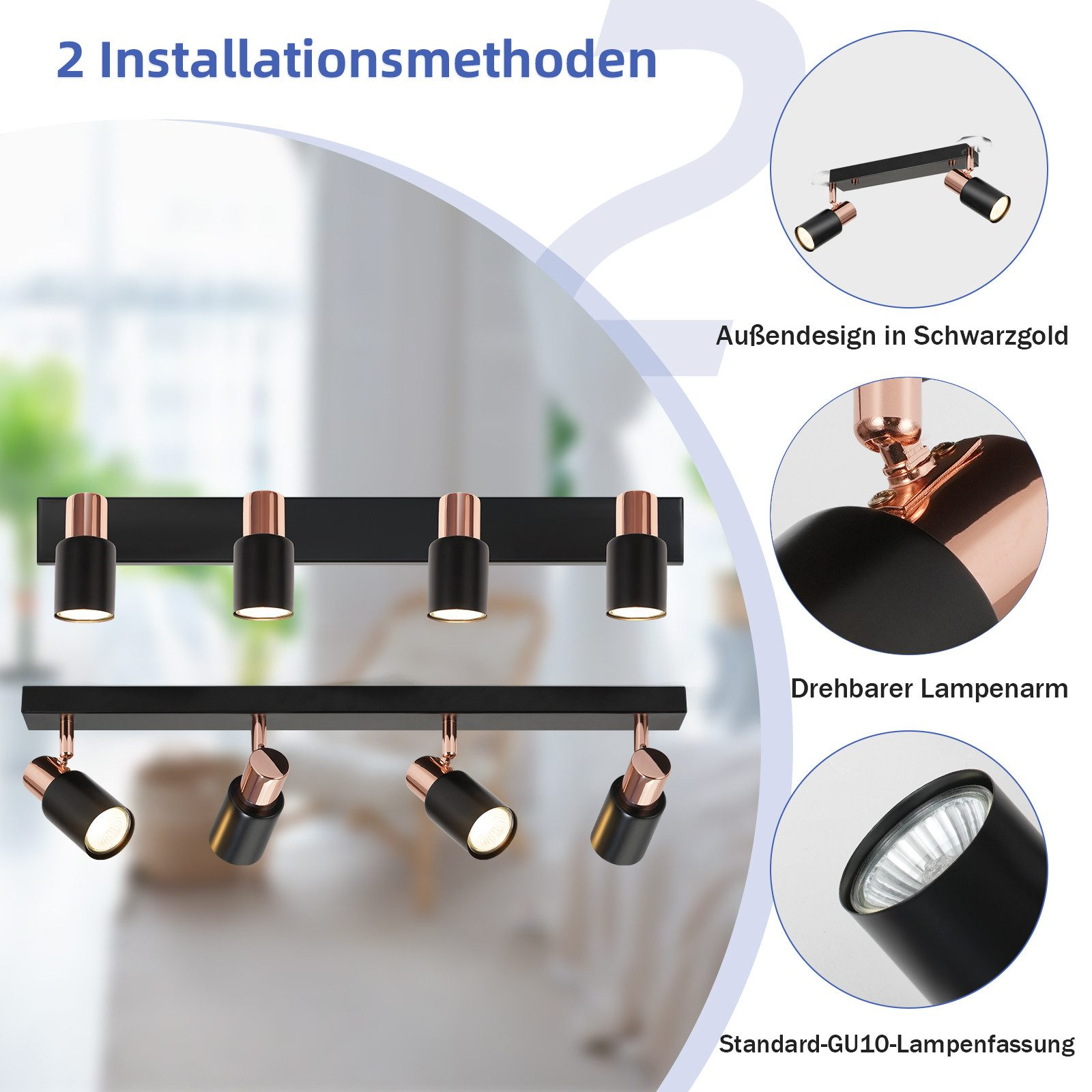 Due metodi di installazione per faretti. Uno con nero e oro rosa, l'altro con nero e rame.