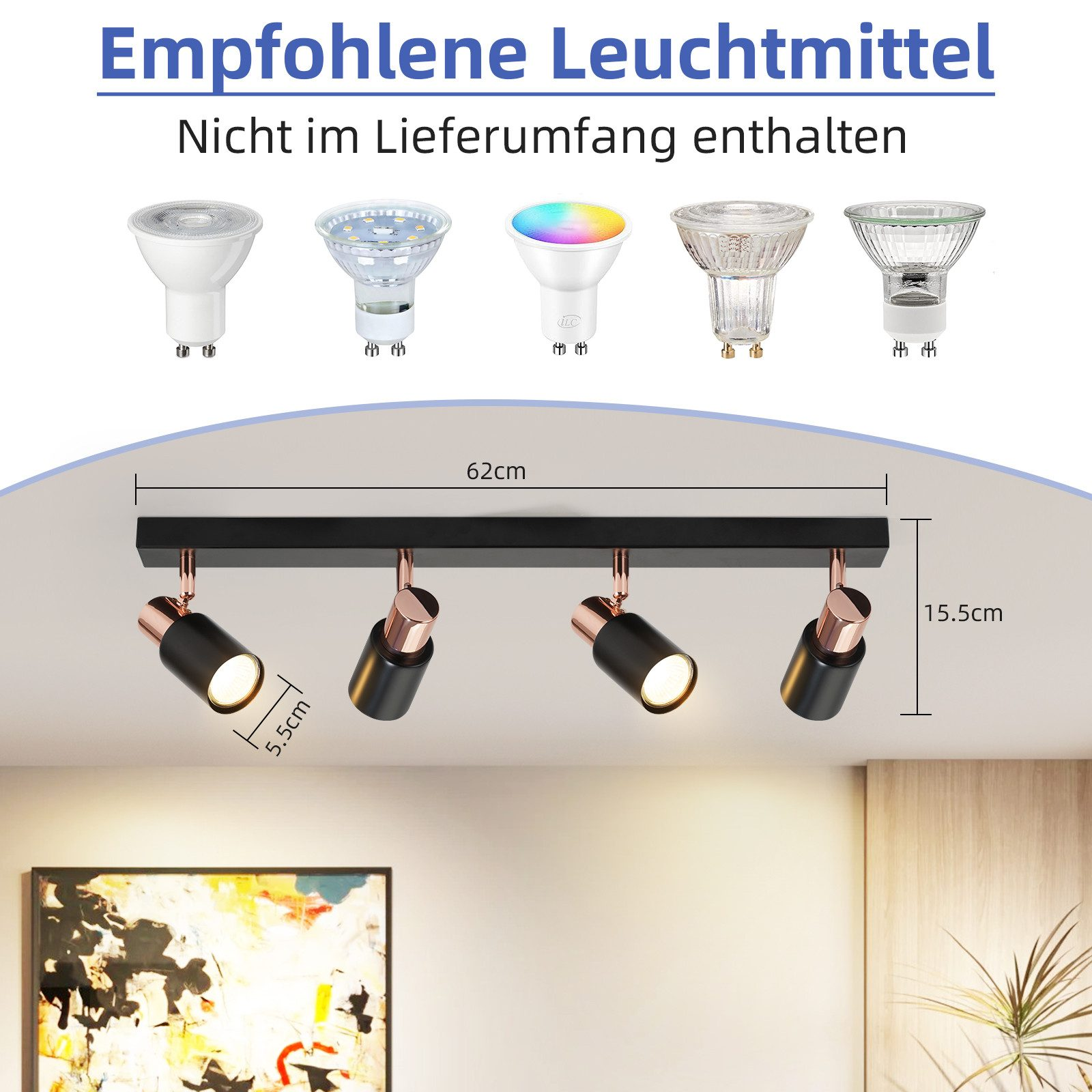 Un faretto a binario nero con quattro faretti orientabili. Sopra sono mostrate varie lampadine, con misure.