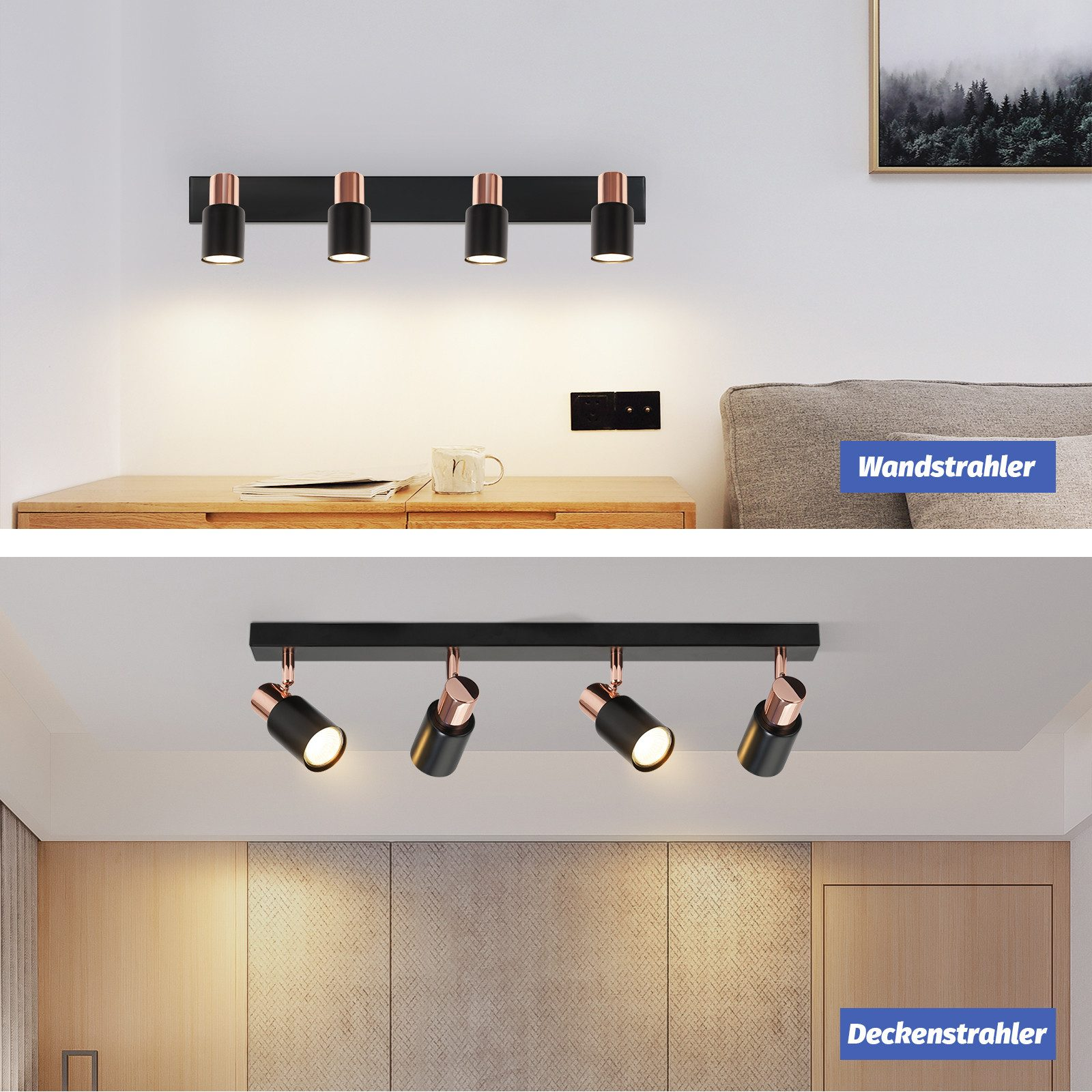 Due viste di faretti neri e color rame. Uno montato a parete, l'altro a soffitto.