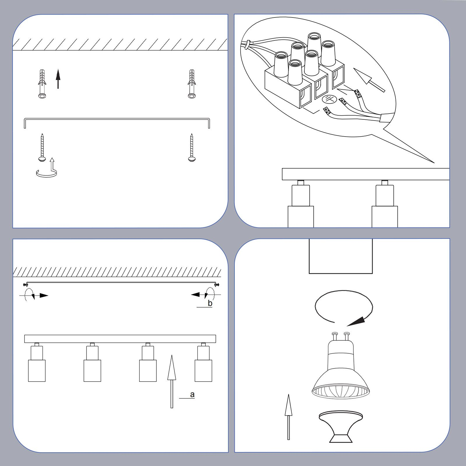 Schema che mostra i passaggi per l'installazione della plafoniera: viti, cablaggio e inserimento della lampadina.