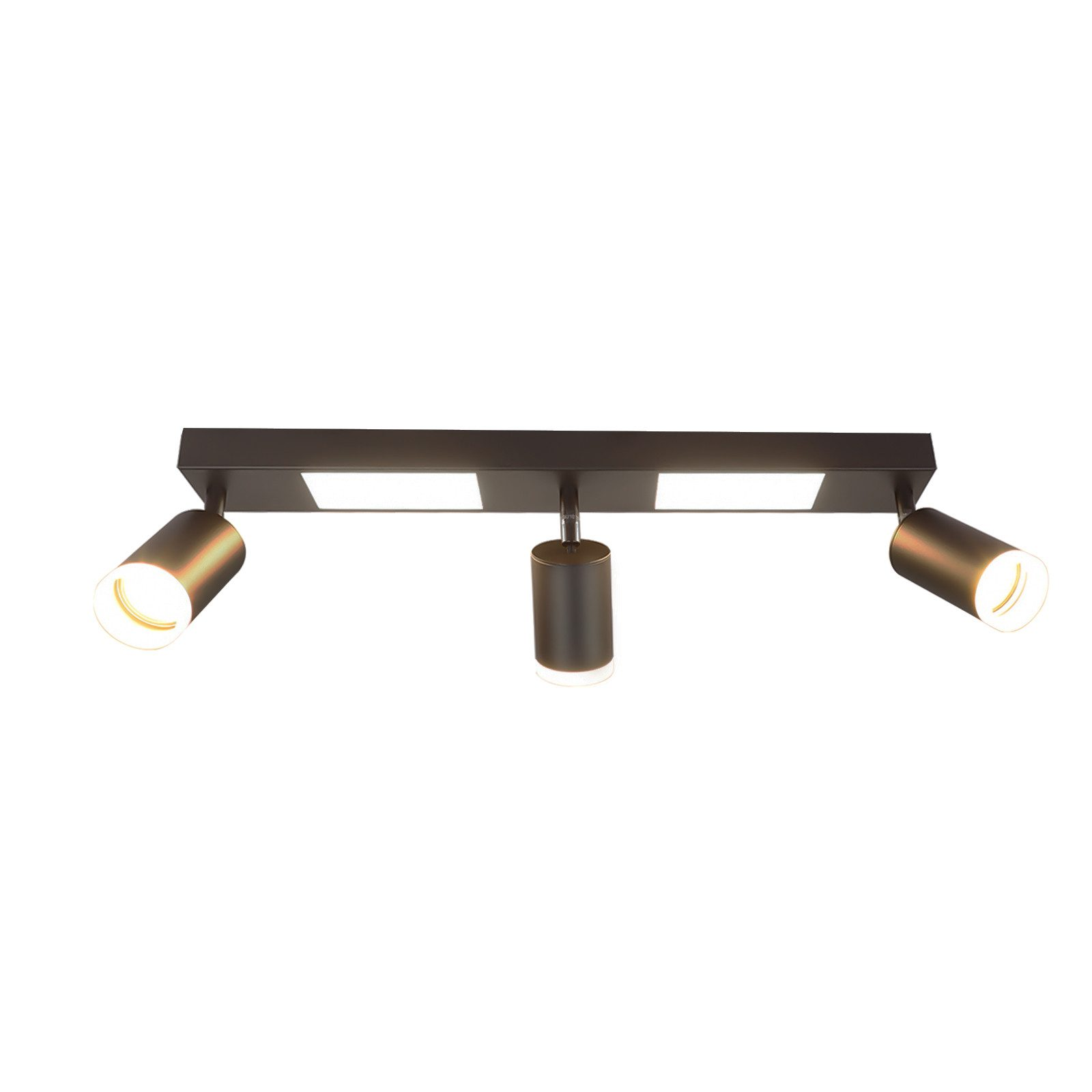 Plafoniera nera con tre faretti e un pannello LED bianco. Sfondo bianco.