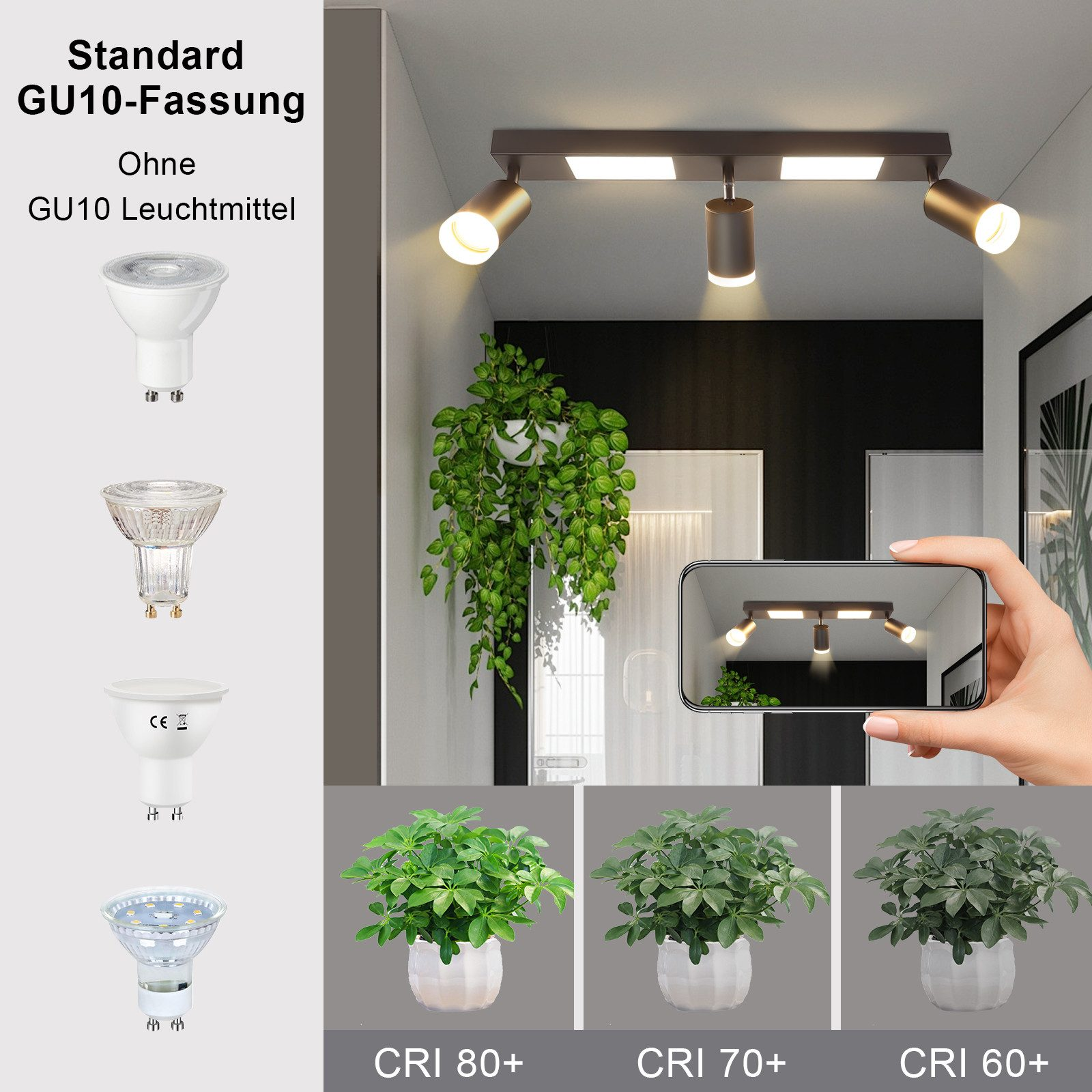 Più apparecchi di illuminazione con diverse lampadine GU10 e piante. Mostra le lampadine GU10 e l'effetto CRI.
