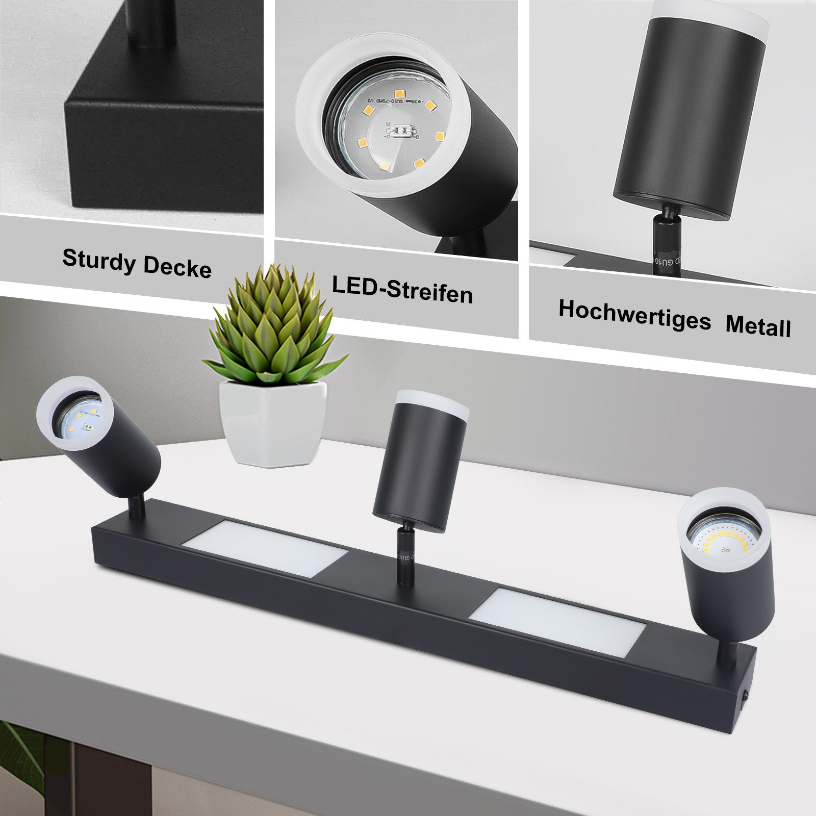 Un moderno apparecchio di illuminazione a soffitto bianco e nero con tre faretti orientabili e una piccola pianta.