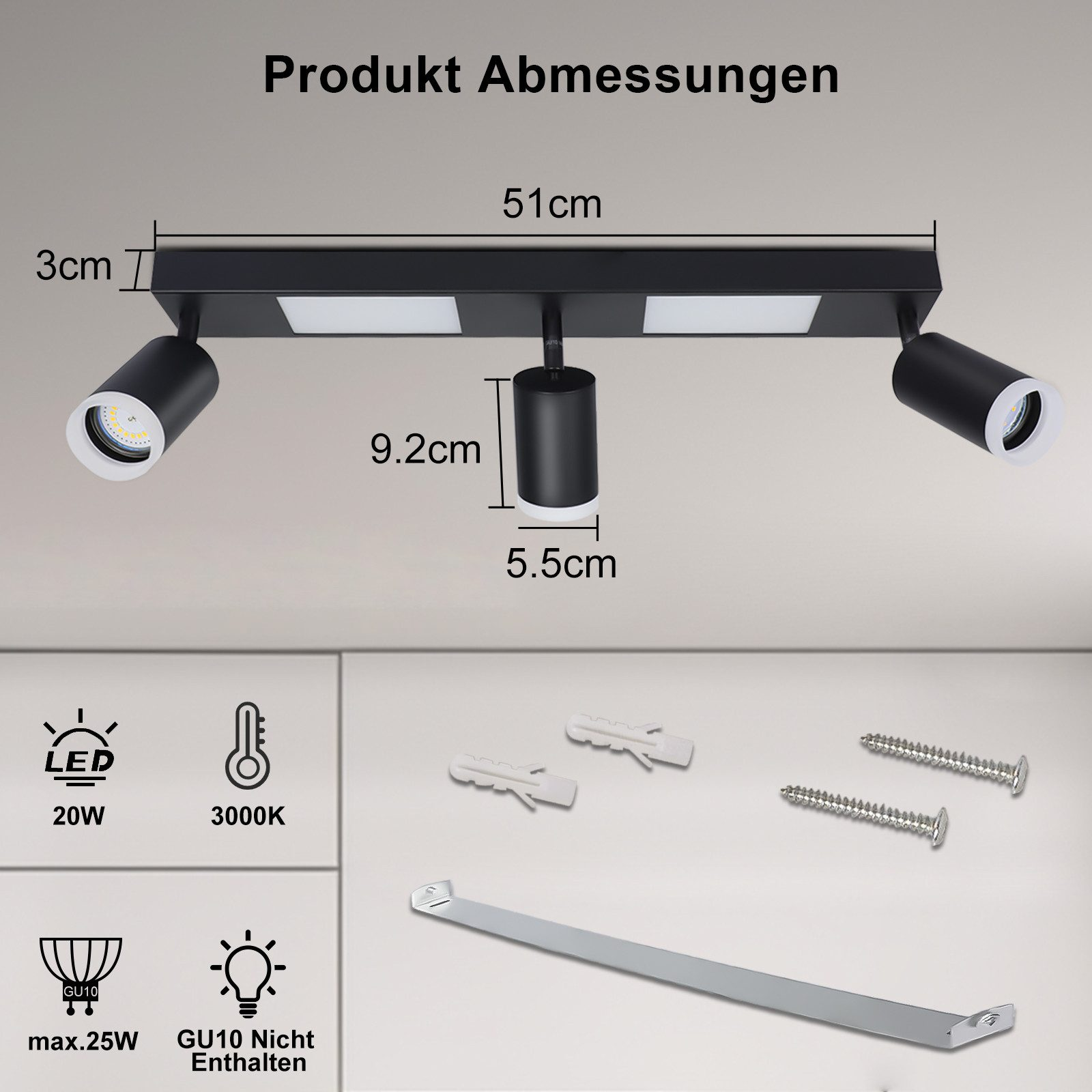 Un faretto a LED nero con dimensioni e un set di viti e hardware di montaggio.