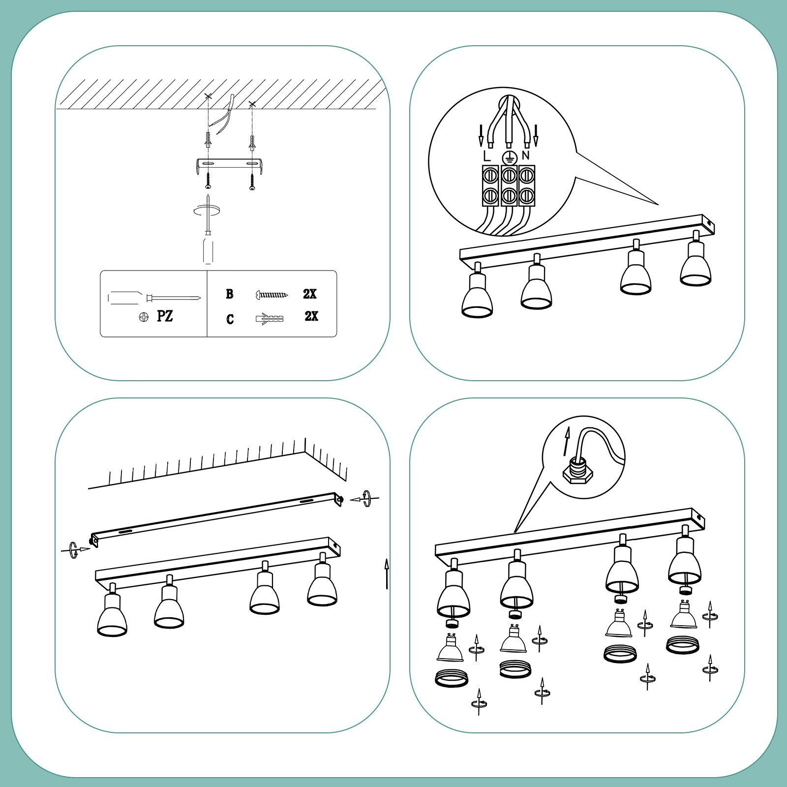 Schema di installazione di un sistema di illuminazione a binario. Include passaggi, parti e collegamenti elettrici.