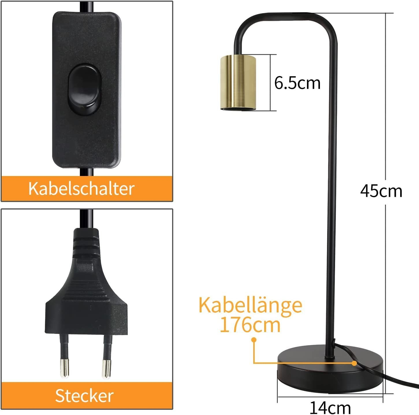 Lampada da scrivania nera con braccio curvo, paralume dorato e base nera. Con interruttore e spina.