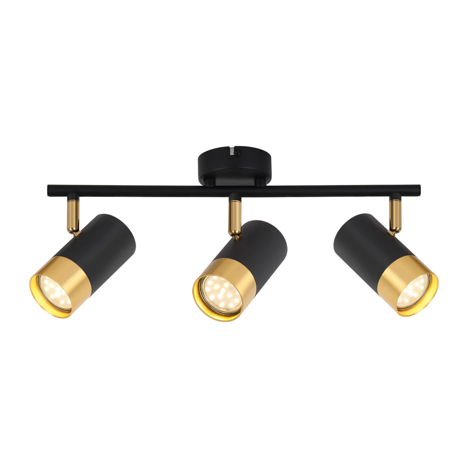 Un apparecchio a faretto da soffitto nero con tre faretti neri e oro. Le luci sono accese, sfondo bianco.