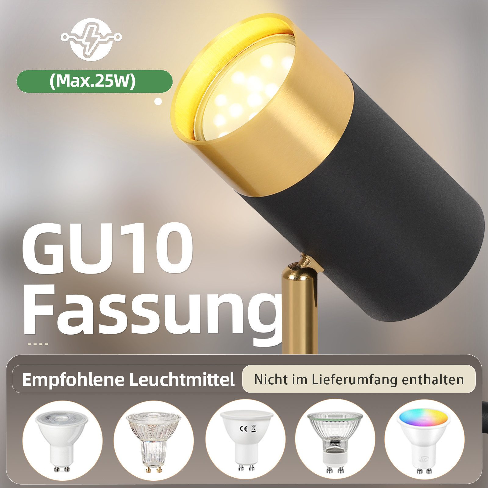 Faretto nero e oro con testo e tipi di lampadine suggeriti.