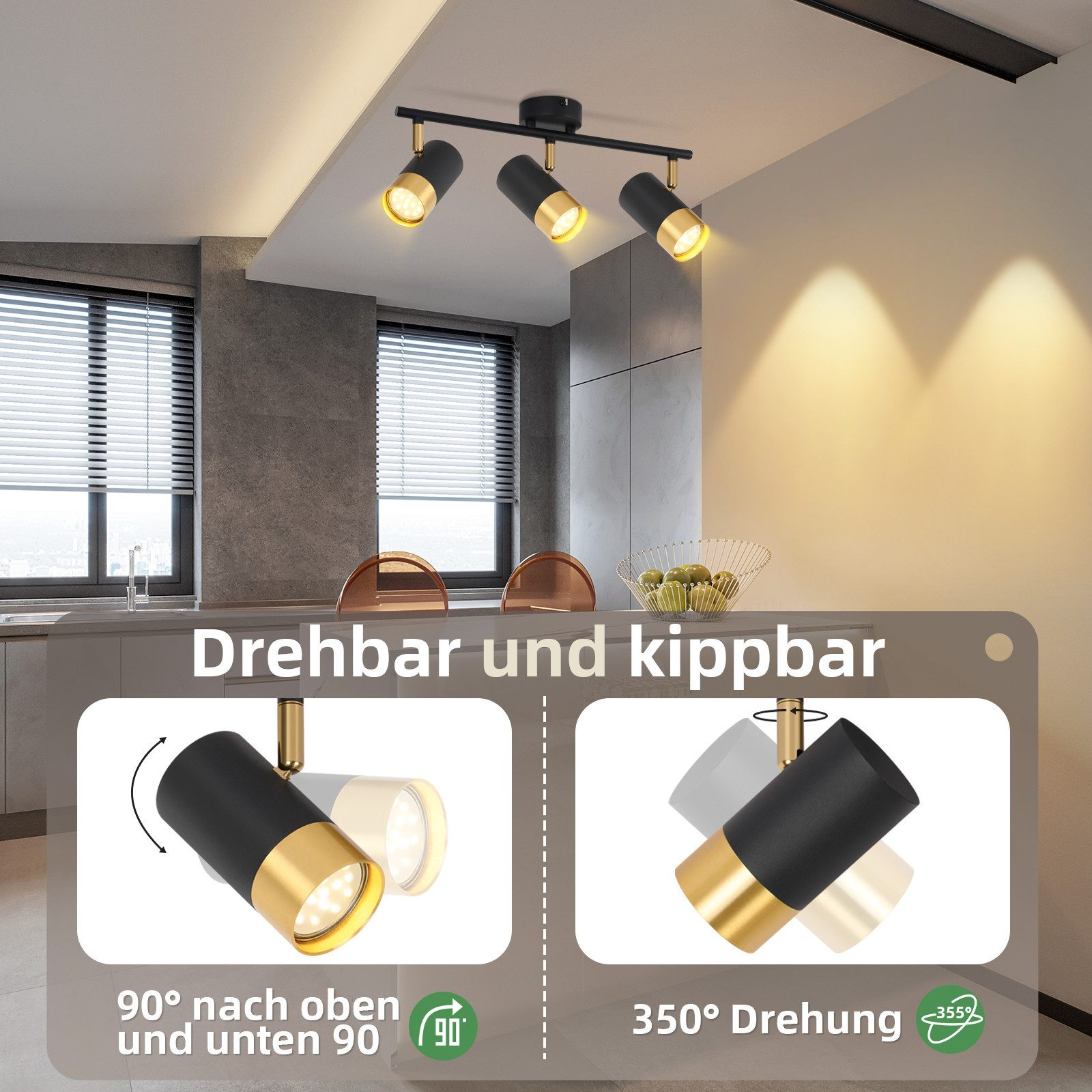 Illuminazione a binario a soffitto con dettagli neri e oro, che mostra funzionalità regolabili e girevoli.