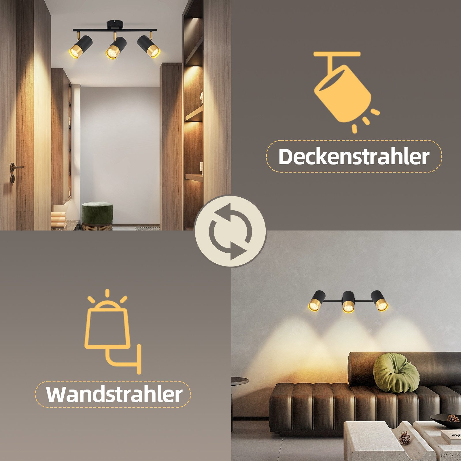 Foto di apparecchi di illuminazione, inclusi faretti a soffitto e a parete.