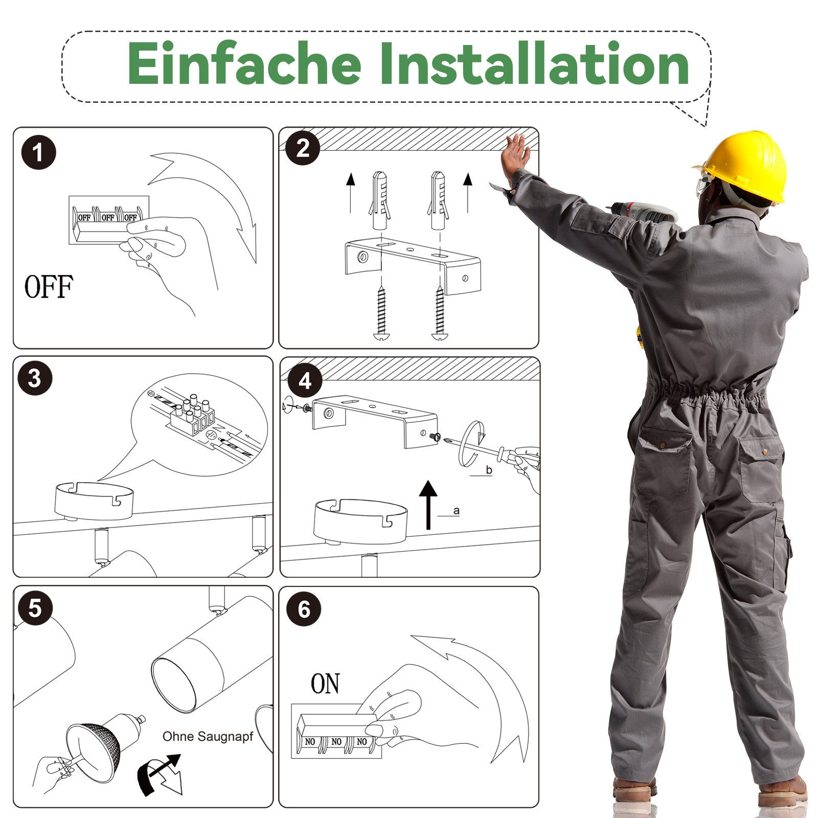 Schema che mostra l'installazione della luce: istruzioni passo passo con un operaio che installa un apparecchio di illuminazione.