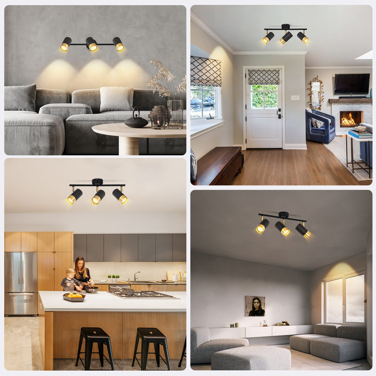 Diverse immagini di faretti neri in stanze diverse, che mostrano varie configurazioni di illuminazione.