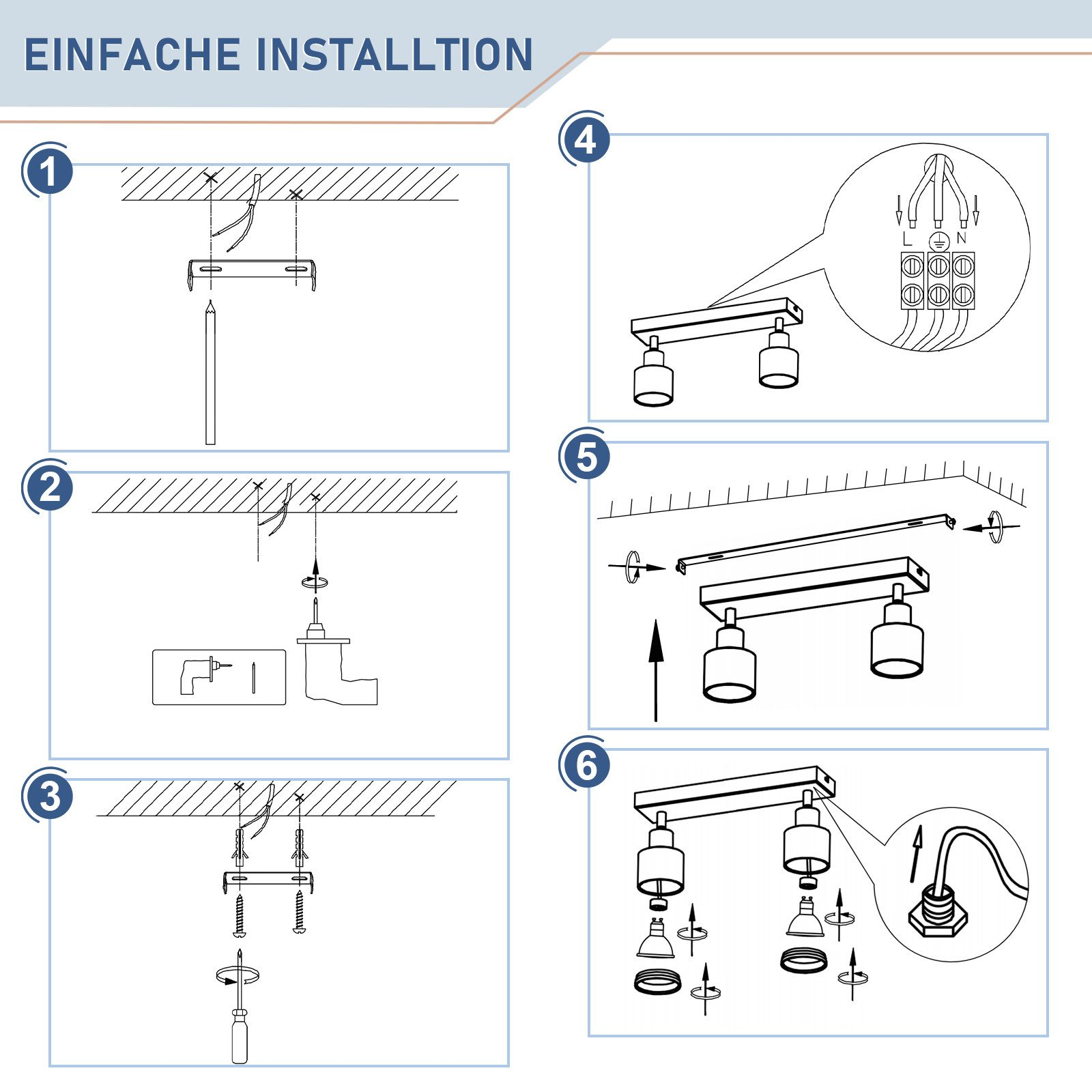 Fasi di installazione per un apparecchio di illuminazione a soffitto. Include diagrammi con viti, fili e assemblaggio.