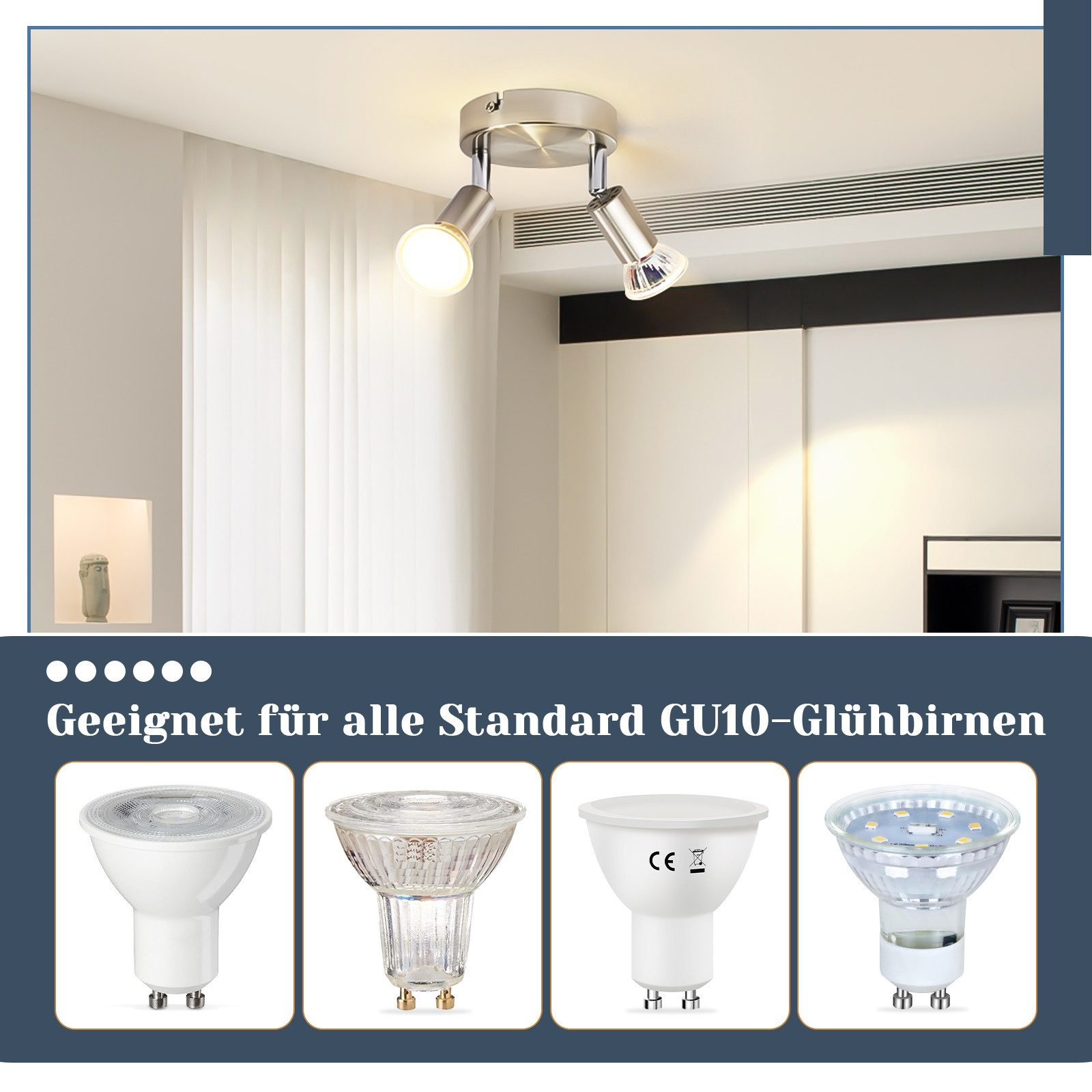 Due faretti montati a soffitto. Sotto i faretti sono mostrati quattro tipi di lampadine GU10.