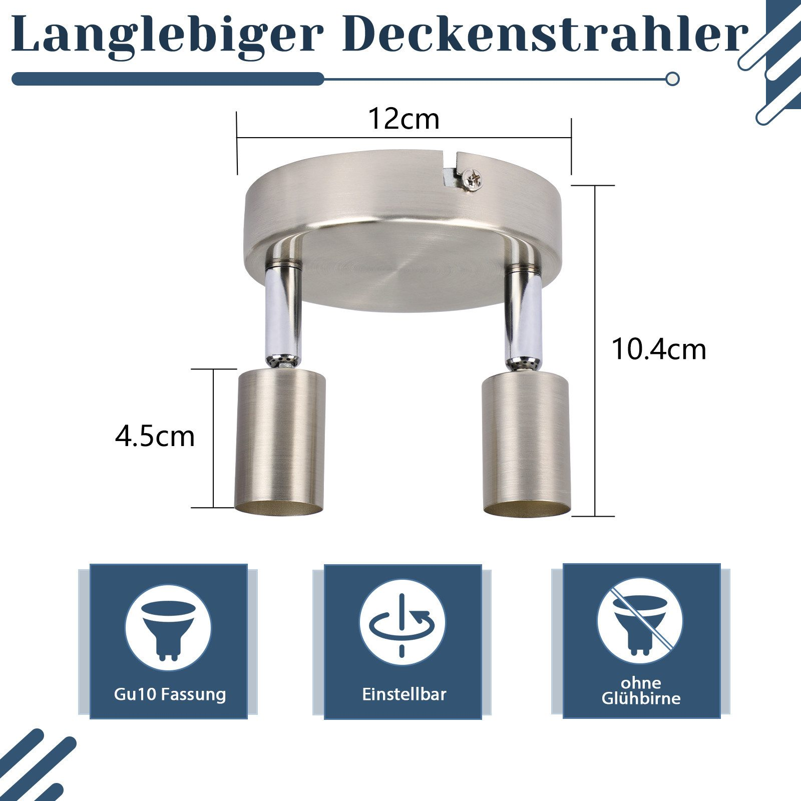 Lampada da soffitto con due luci regolabili. Finitura argento e dimensioni fornite.